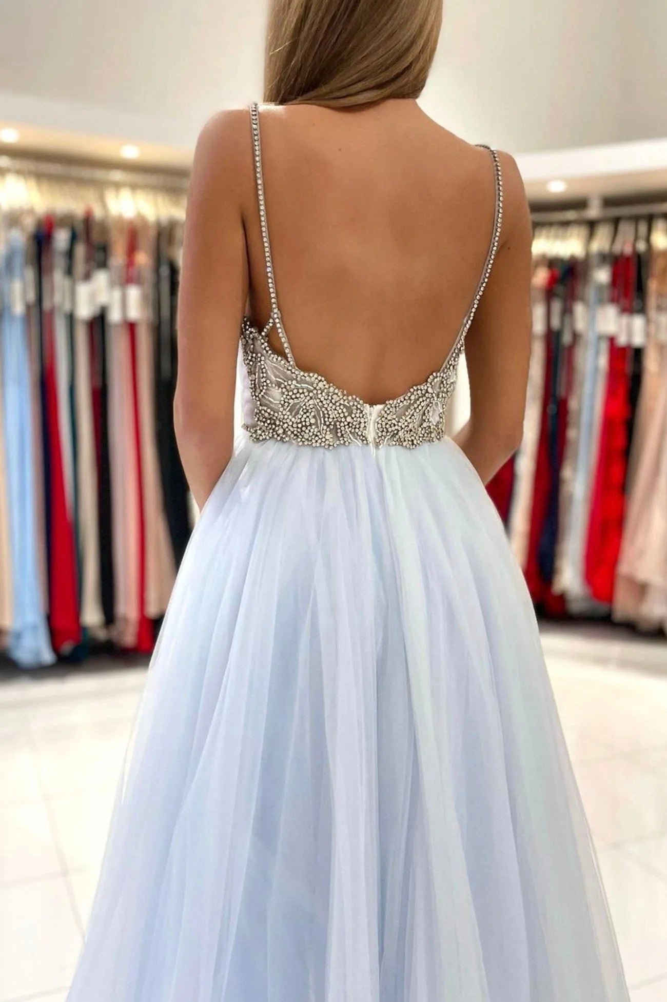 Blue V-Neck Tulle Long Prom Dress  A-Line Spaghetti Straps Evening Party Dress simple gentle atmospheric and unique desi Bring summer colors to enhance whitenes