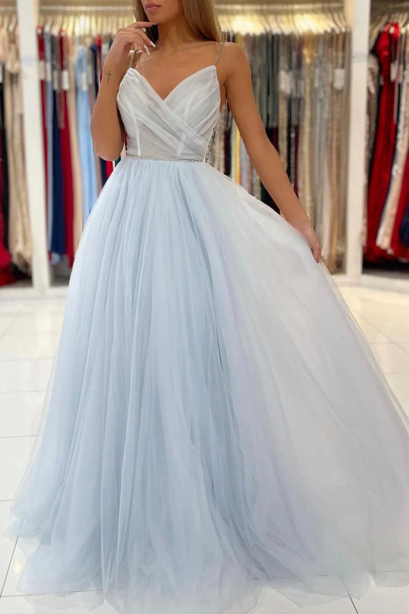 Blue V-Neck Tulle Long Prom Dress  A-Line Spaghetti Straps Evening Party Dress simple gentle atmospheric and unique desi Bring summer colors to enhance whitenes