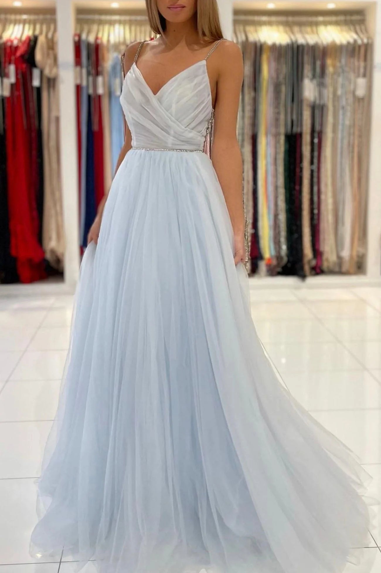Blue V-Neck Tulle Long Prom Dress  A-Line Spaghetti Straps Evening Party Dress simple gentle atmospheric and unique desi Bring summer colors to enhance whitenes