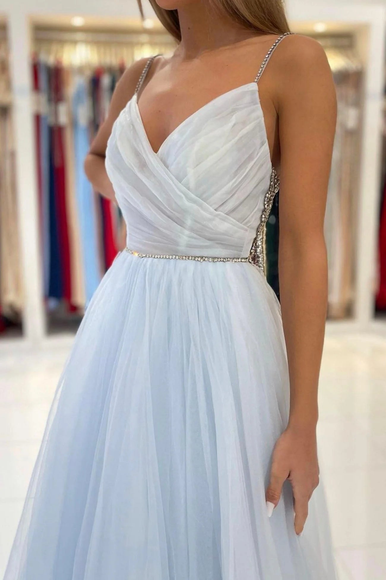 Blue V-Neck Tulle Long Prom Dress  A-Line Spaghetti Straps Evening Party Dress simple gentle atmospheric and unique desi Bring summer colors to enhance whitenes
