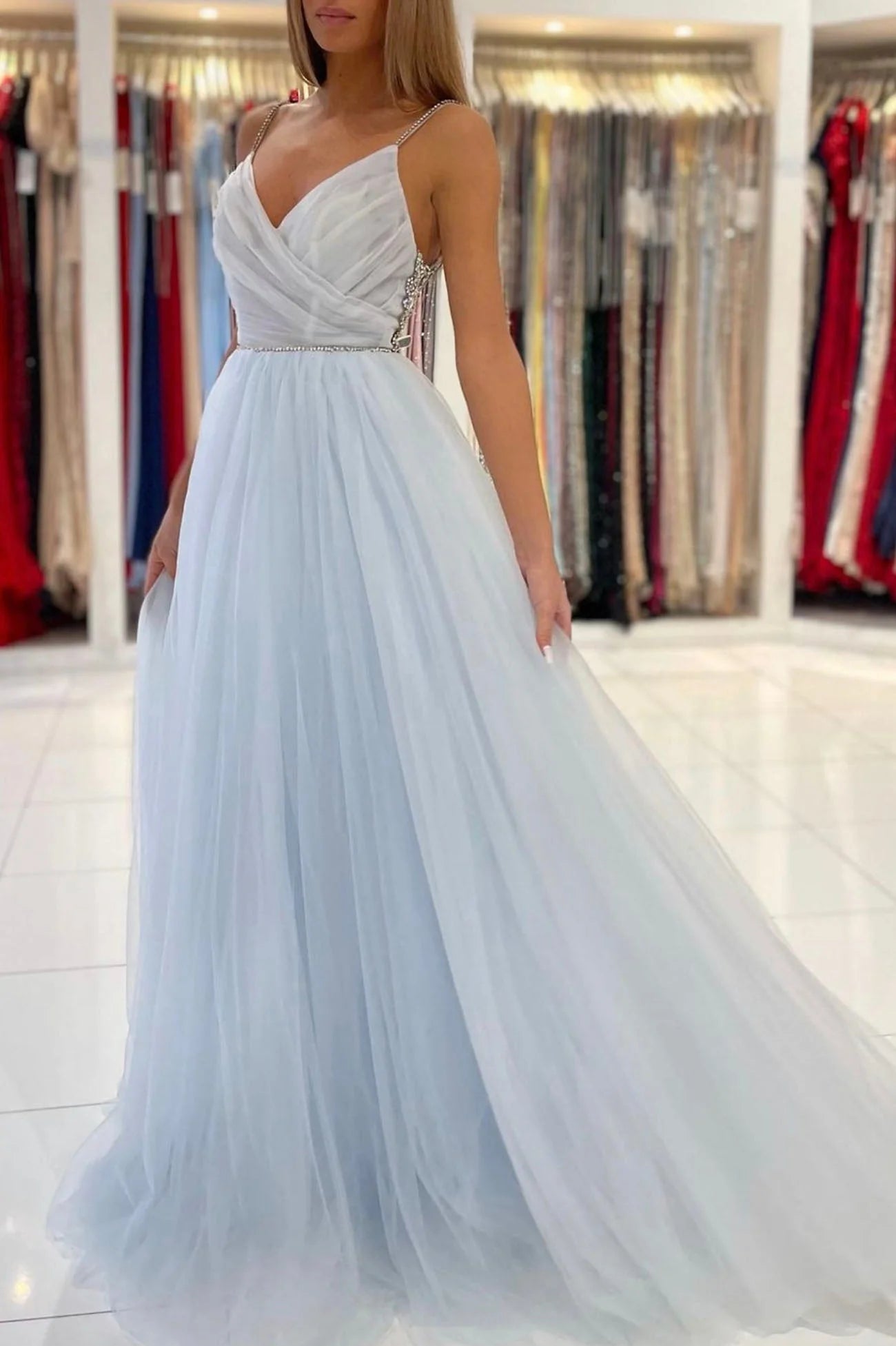 Blue V-Neck Tulle Long Prom Dress  A-Line Spaghetti Straps Evening Party Dress simple gentle atmospheric and unique desi Bring summer colors to enhance whitenes