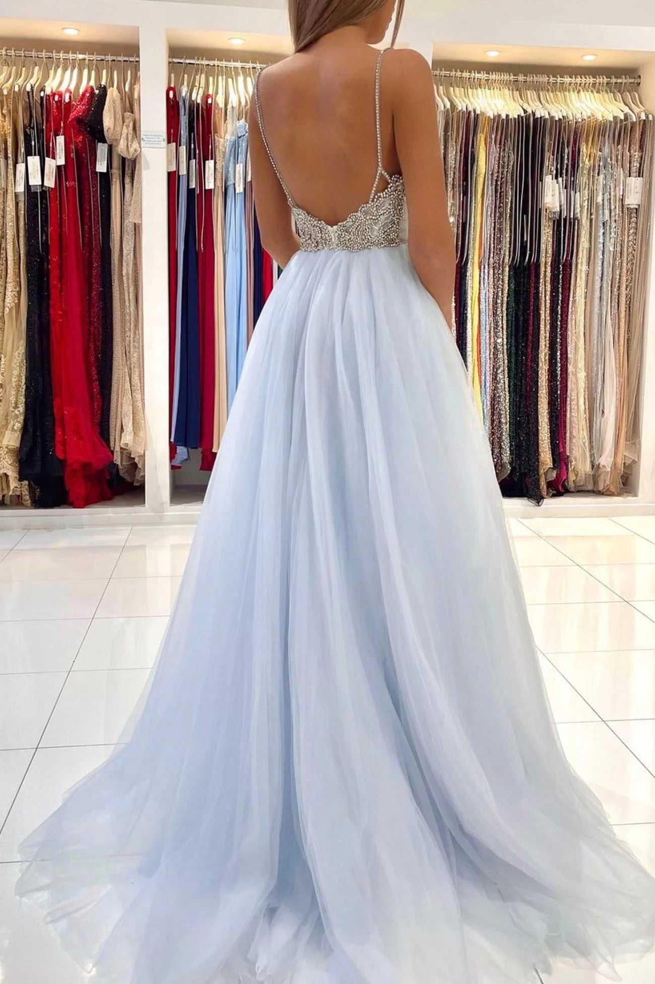 Blue V-Neck Tulle Long Prom Dress  A-Line Spaghetti Straps Evening Party Dress simple gentle atmospheric and unique desi Bring summer colors to enhance whitenes