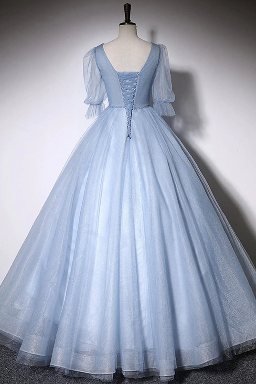 Blue V-Neck Tulle Long Prom Dress, A-Line Formal Evening Dress simple gentle atmospheric and unique desi Bring summer colors to enhance white