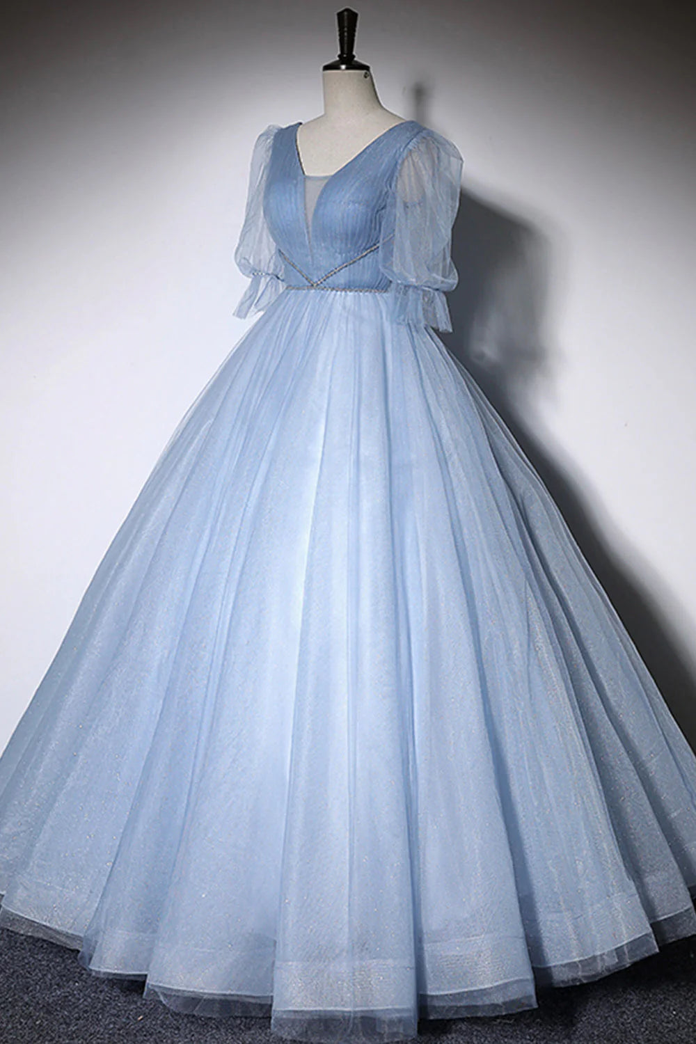 Blue V-Neck Tulle Long Prom Dress, A-Line Formal Evening Dress simple gentle atmospheric and unique desi Bring summer colors to enhance white