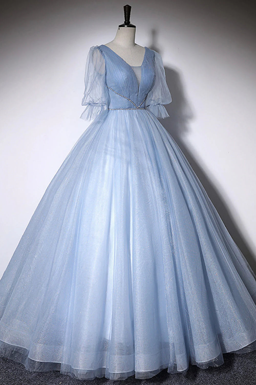 Blue V-Neck Tulle Long Prom Dress, A-Line Formal Evening Dress simple gentle atmospheric and unique desi Bring summer colors to enhance white