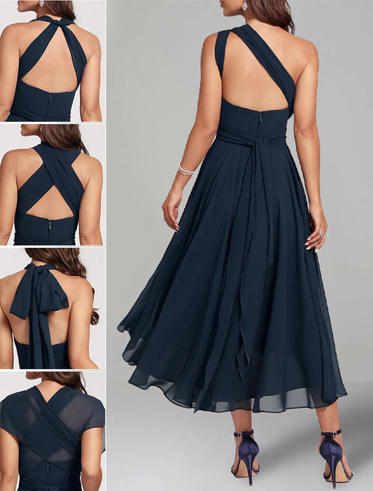 Blue Wedding Guest Dresses Convertible Infinity Mother Dress Formal Tea Length Sleeveless One Shoulder Chiffon with Ruched simple gentle atmospheric and unique desi Bring summer colors to enhance whiteness