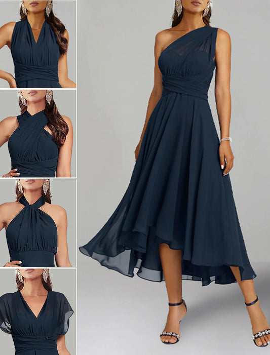 Blue Wedding Guest Dresses Convertible Infinity Mother Dress Formal Tea Length Sleeveless One Shoulder Chiffon with Ruched simple gentle atmospheric and unique desi Bring summer colors to enhance whiteness