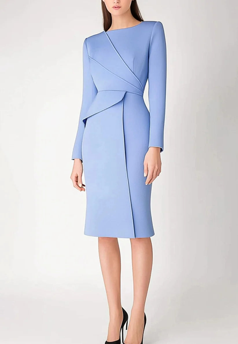 Blue Work Business Dress Long Sleeve Wedding Guest Midi Dress simple gentle atmospheric and unique desi Bring summer colors to enhance whiteness