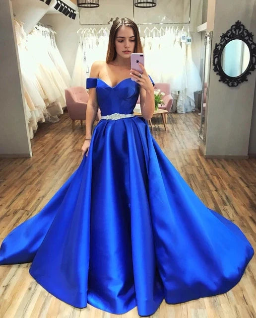Blue satin long dress dress with suspender design and square neckline suitable for dinners, award ceremonies