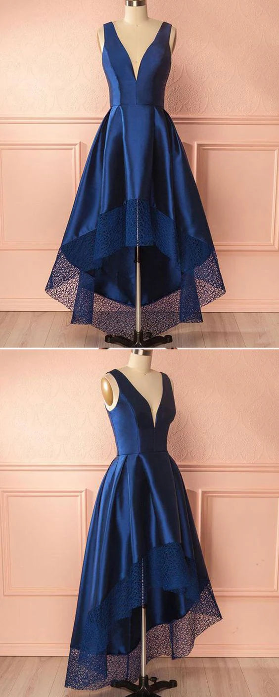 Blue dress with deep V-neck sleeveless design and lace stitching at the bottom, suitable for dinners, dances and other occasions