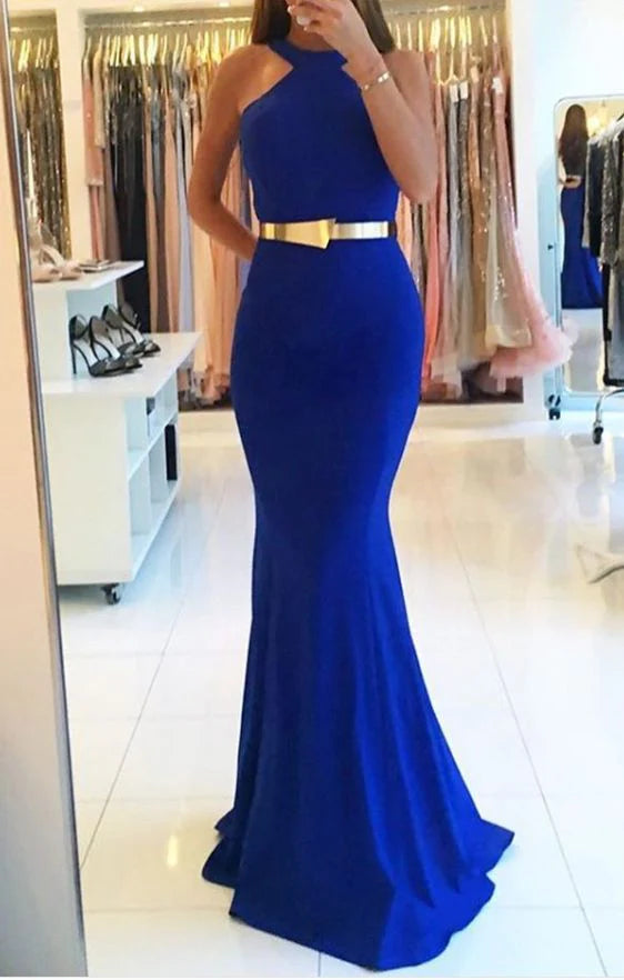 Blue fishtail skirt, high neck sleeveless back hollow out suitable for dinners, dances and other occasions