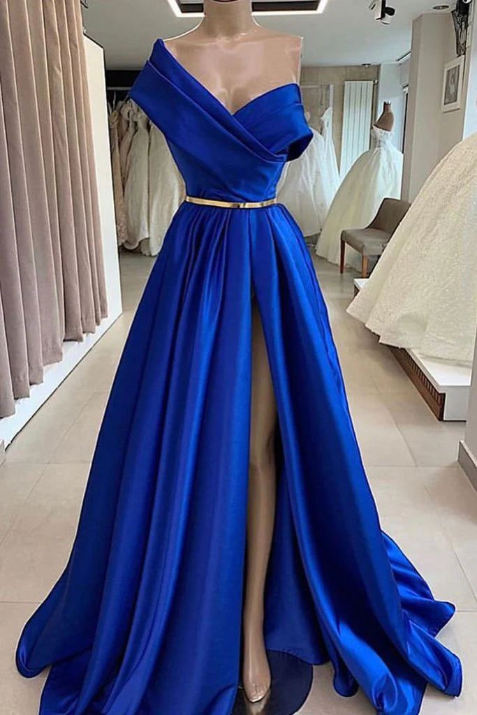 Blue satin dress with single-sided off shoulder cross design, high waist and gold belt suitable for occasions such as dinners and dances