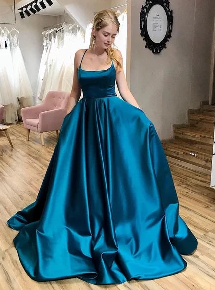 Blue satin long dress dress with suspender design and square neckline suitable for dinners, award ceremonies