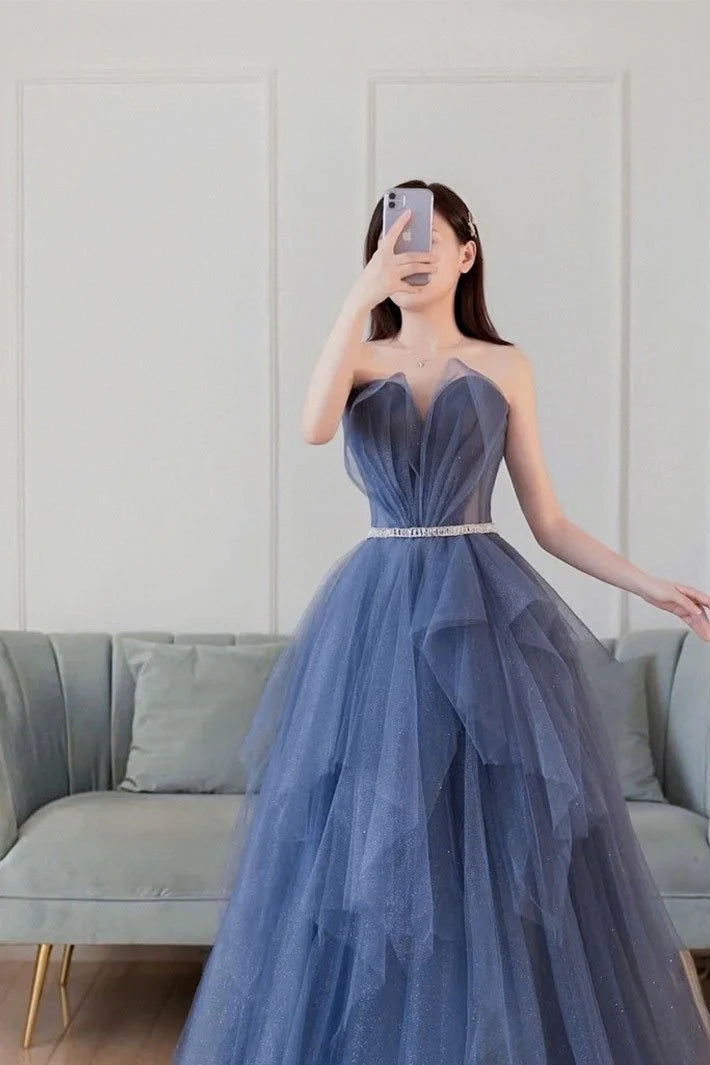 Blue sweetheart neck tulle long prom dress blue tulle formal dress simple gentle atmospheric and unique desi Bring summer colors to enhance whiteness