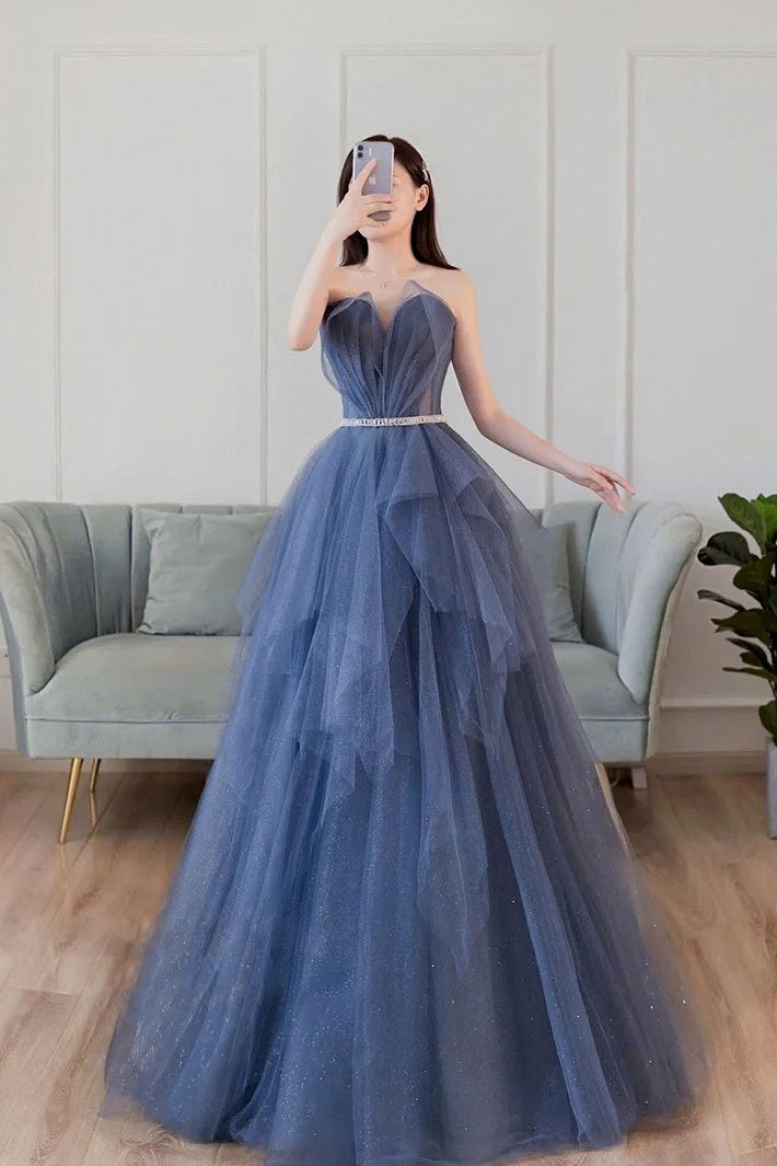 Blue sweetheart neck tulle long prom dress blue tulle formal dress simple gentle atmospheric and unique desi Bring summer colors to enhance whiteness