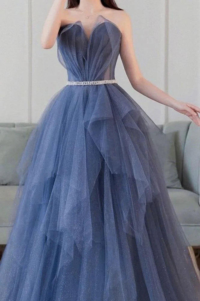 Blue sweetheart neck tulle long prom dress blue tulle formal dress simple gentle atmospheric and unique desi Bring summer colors to enhance whiteness
