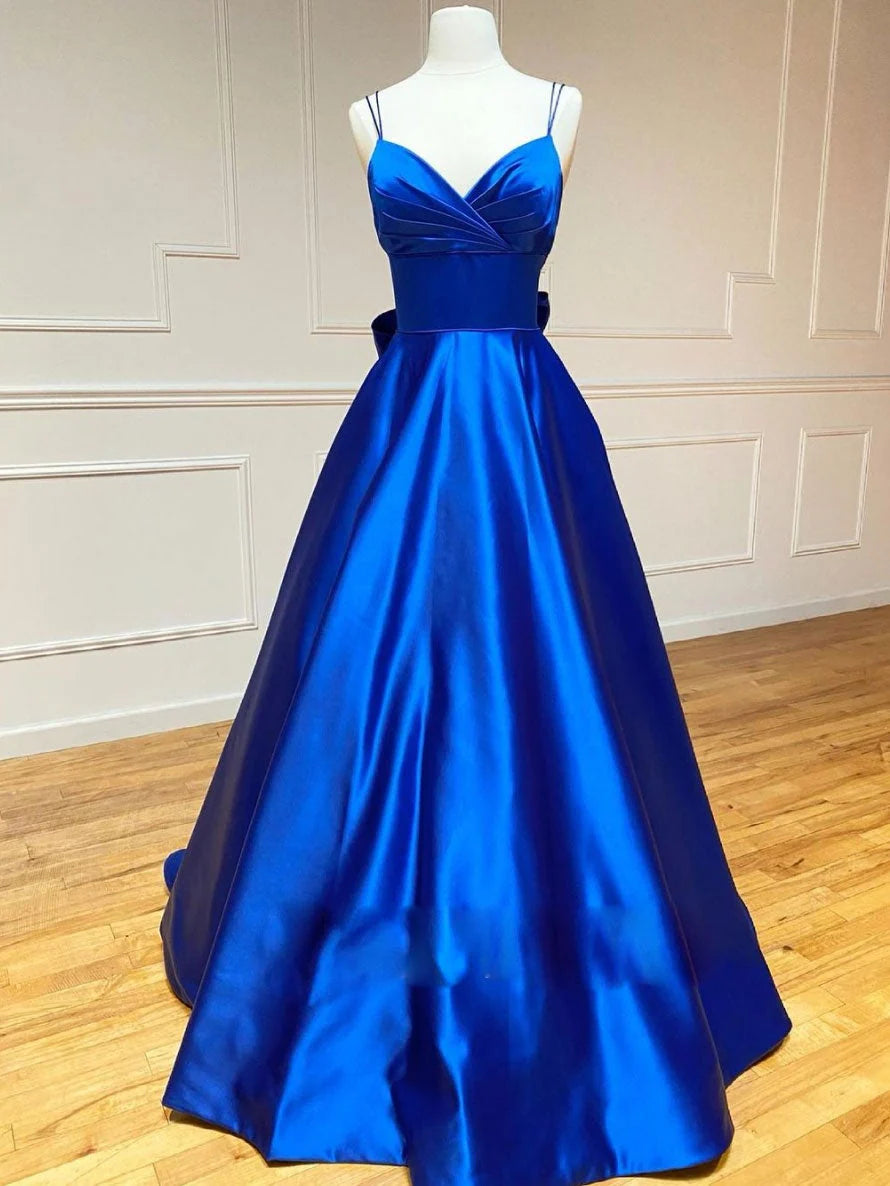 Blue v neck satin long prom dress blue evening dress simple gentle atmospheric and unique desi Bring summer colors to enhance whitenes