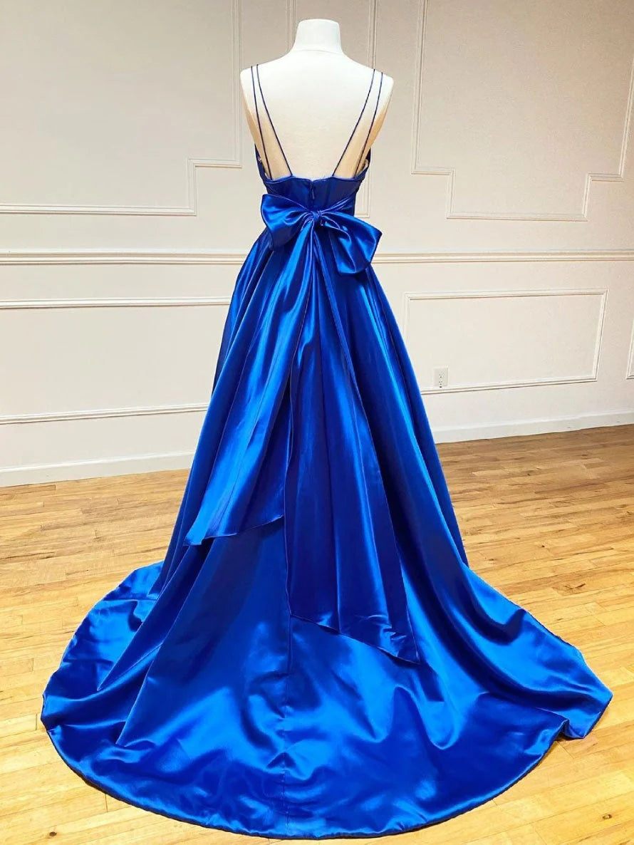 Blue v neck satin long prom dress blue evening dress simple gentle atmospheric and unique desi Bring summer colors to enhance whitenes