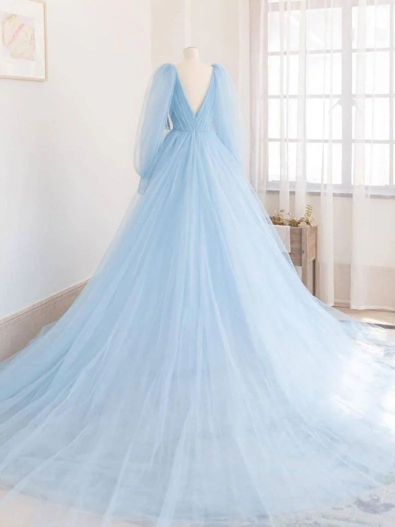 Blue v neck tulle long prom dress blue tulle evening dress simple gentle atmospheric and unique desi Bring summer colors to enhance whitenes
