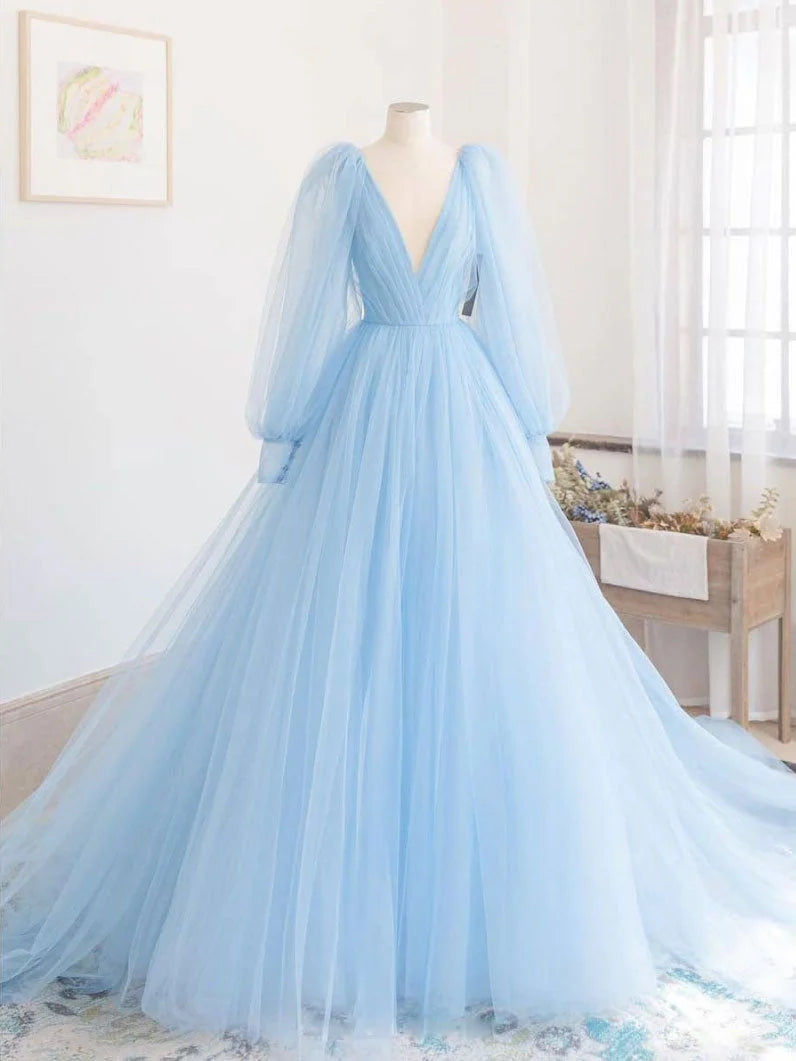 Blue v neck tulle long prom dress blue tulle evening dress simple gentle atmospheric and unique desi Bring summer colors to enhance whitenes