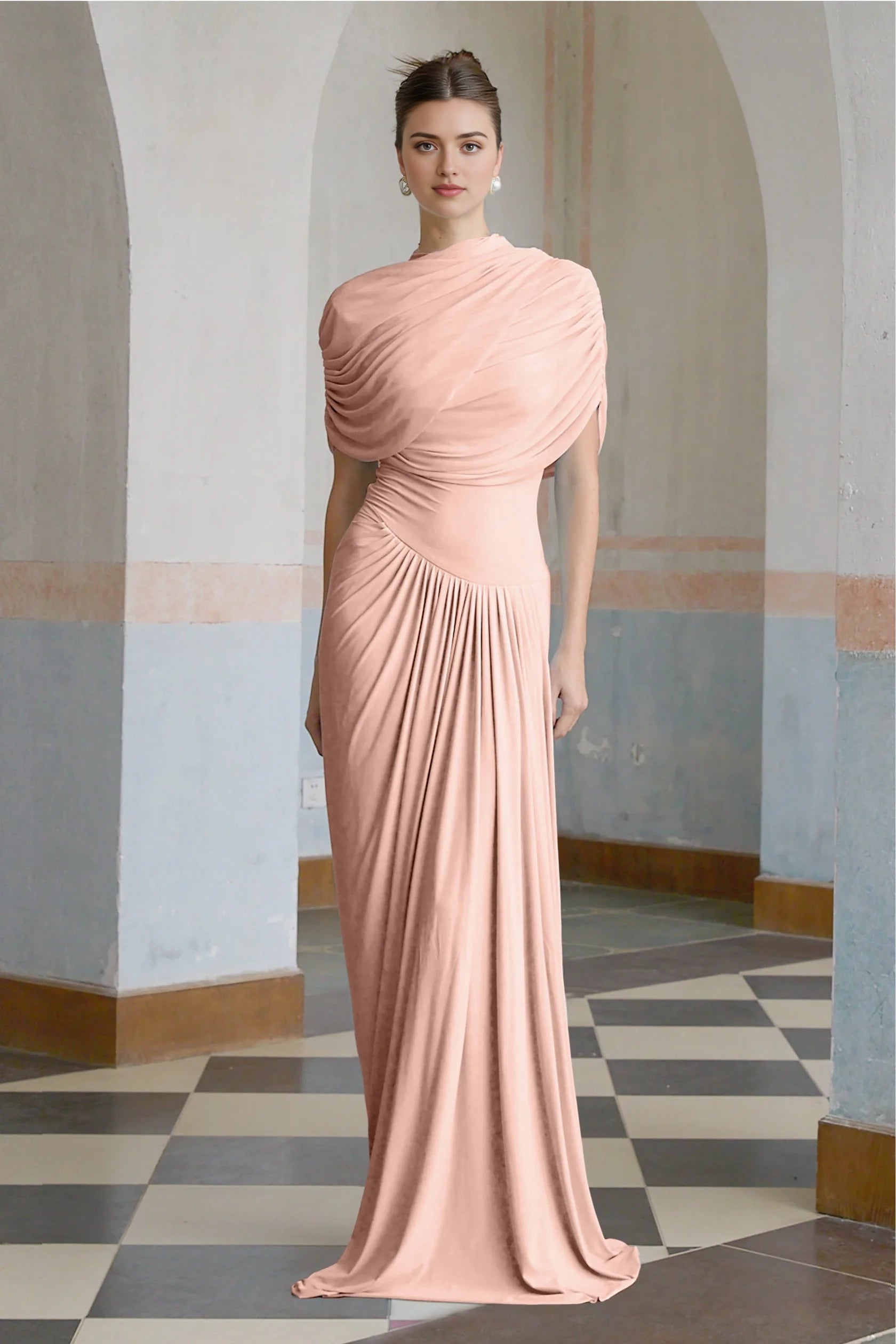 Blush Draped One - Shoulder Maxi Dress asymmetrical pleated maxi dress in Pink Evening Dress