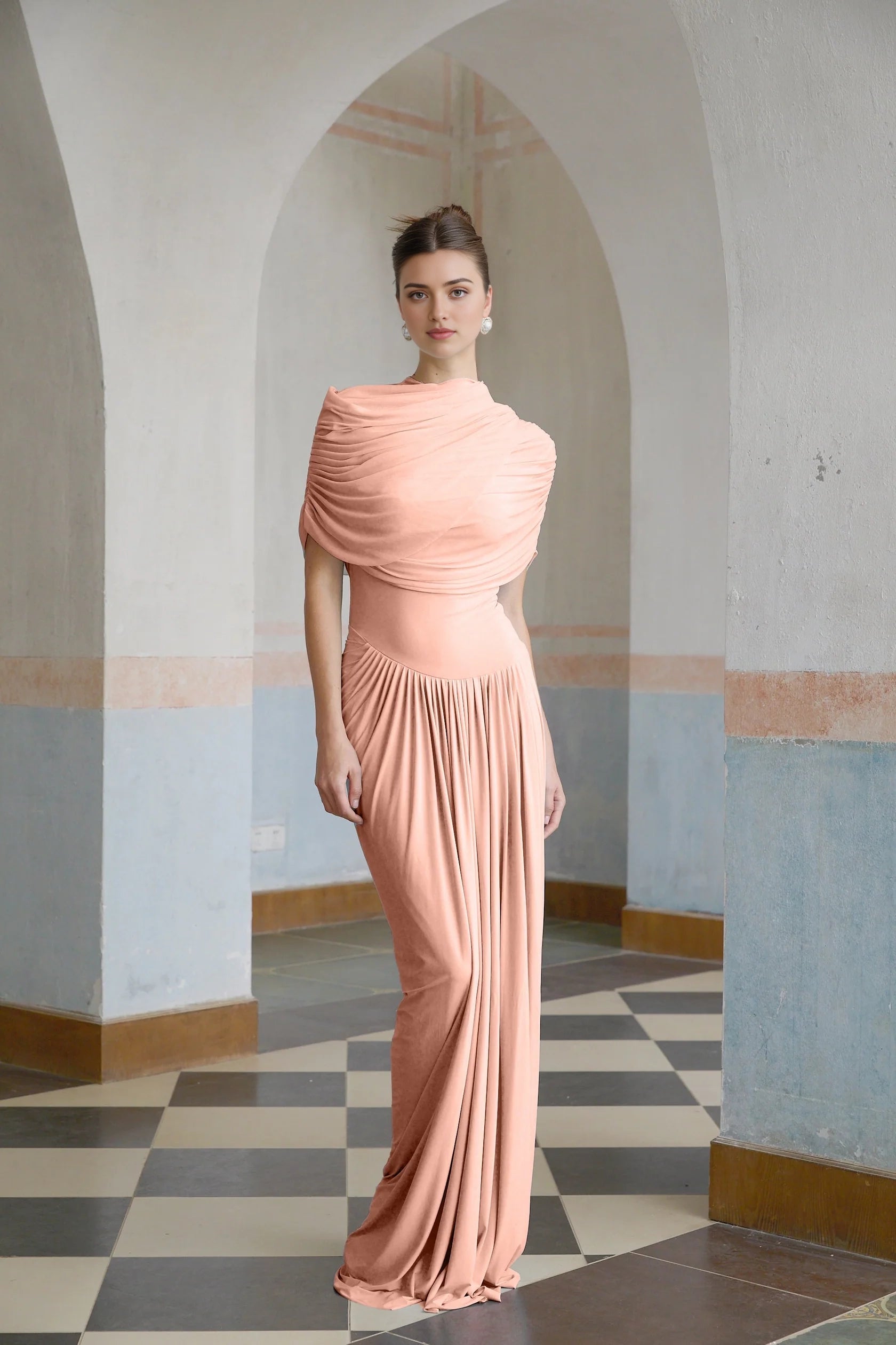 Blush Draped One - Shoulder Maxi Dress asymmetrical pleated maxi dress in Pink Evening Dress