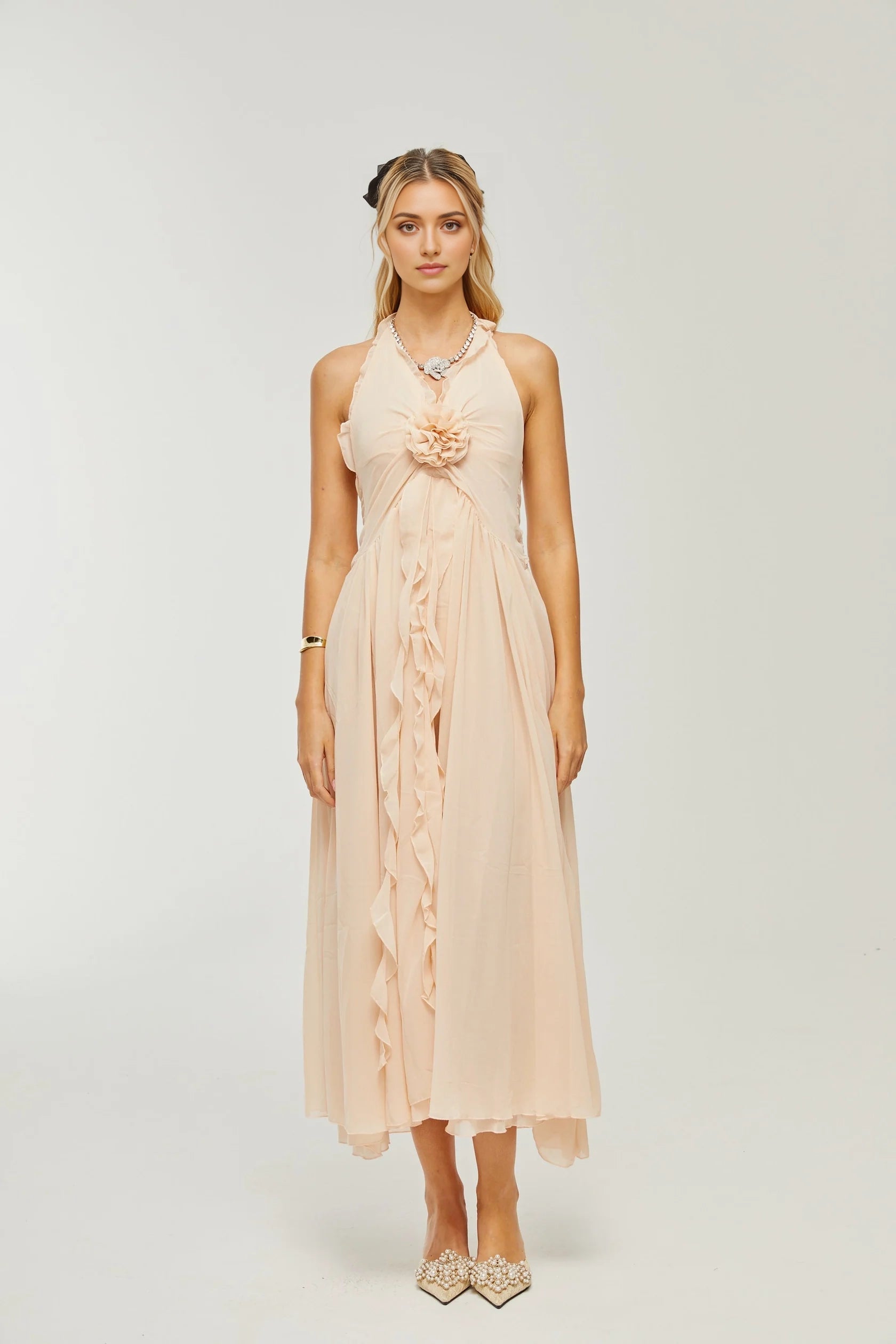 Blush Halter Neck Floral Applique Chiffon Midi Dress ruffled faux-flower maxi dress Evening Dress