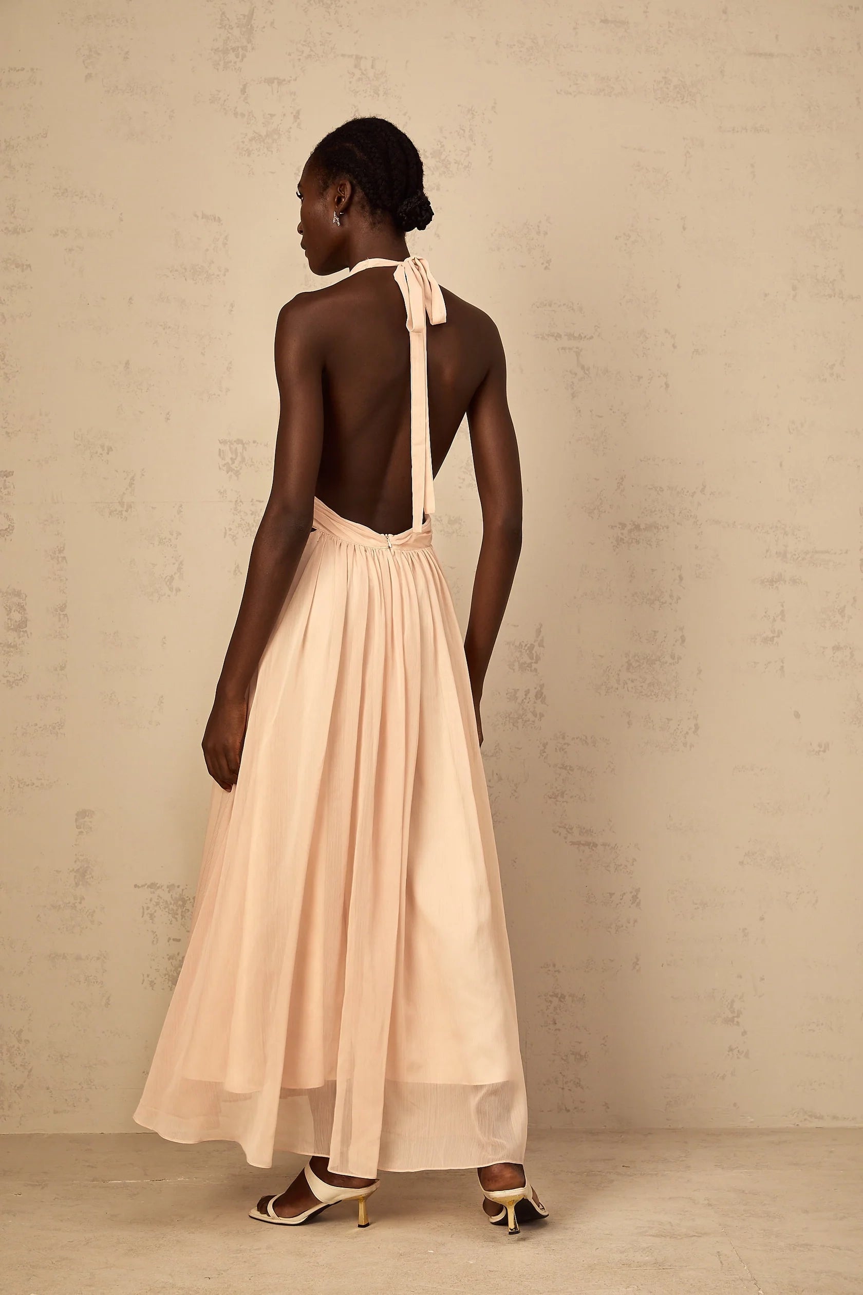 Blush Halter Neck Maxi Dress with Open Back Dulcie Halterneck Shirred Tulle Maxi Dress Evening Dress