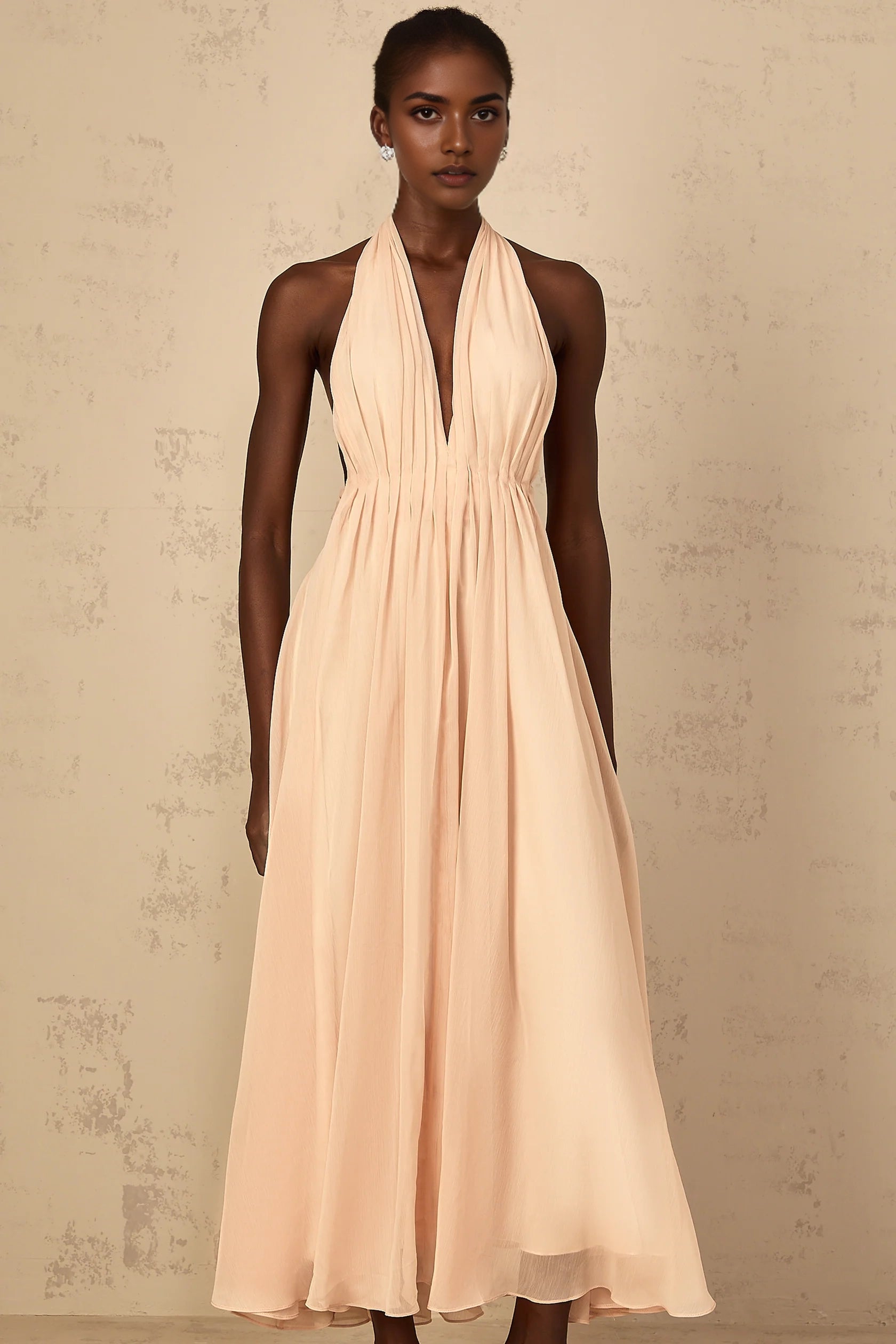 Blush Halter Neck Maxi Dress with Open Back Dulcie Halterneck Shirred Tulle Maxi Dress Evening Dress