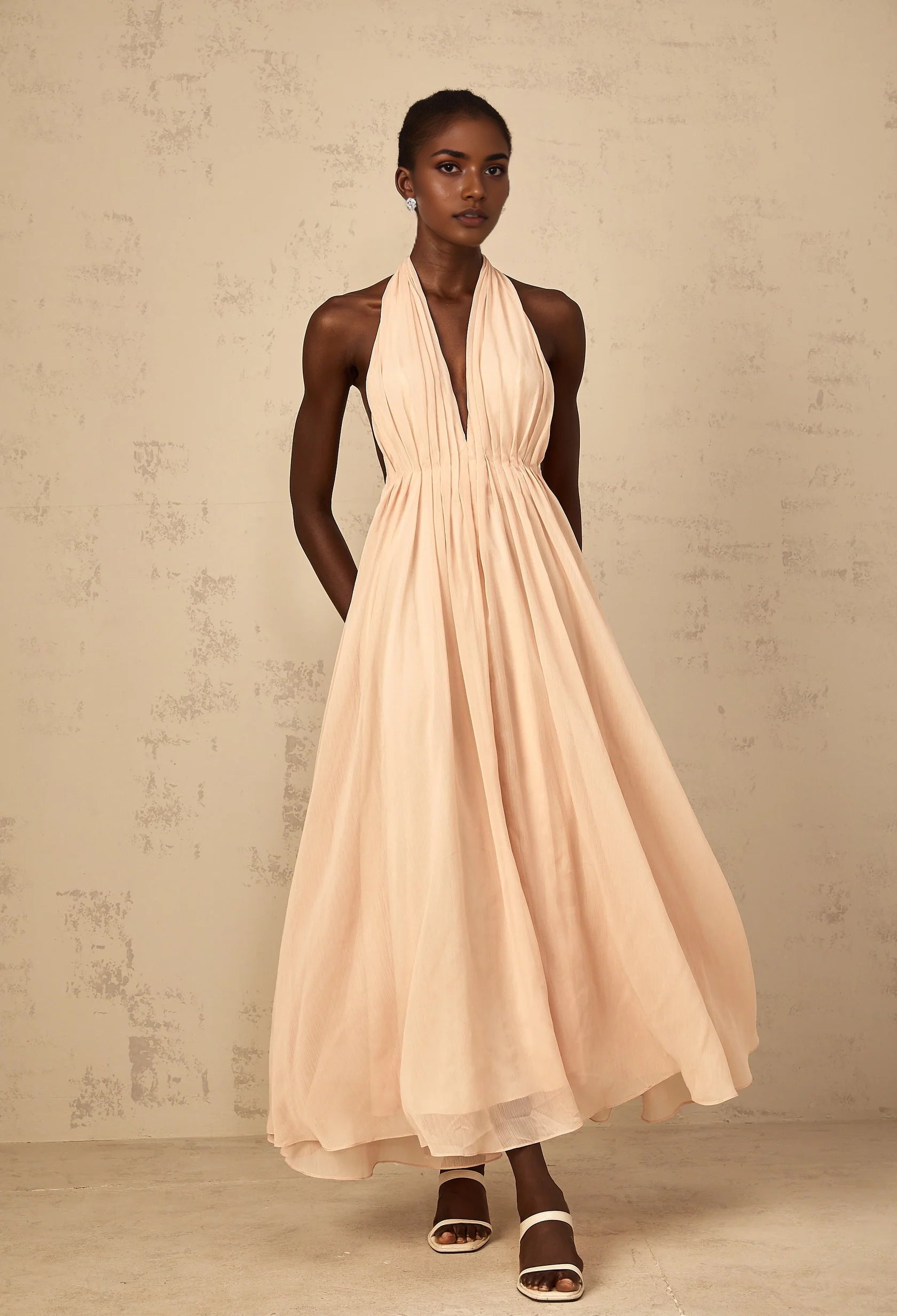 Blush Halter Neck Maxi Dress with Open Back Dulcie Halterneck Shirred Tulle Maxi Dress Evening Dress