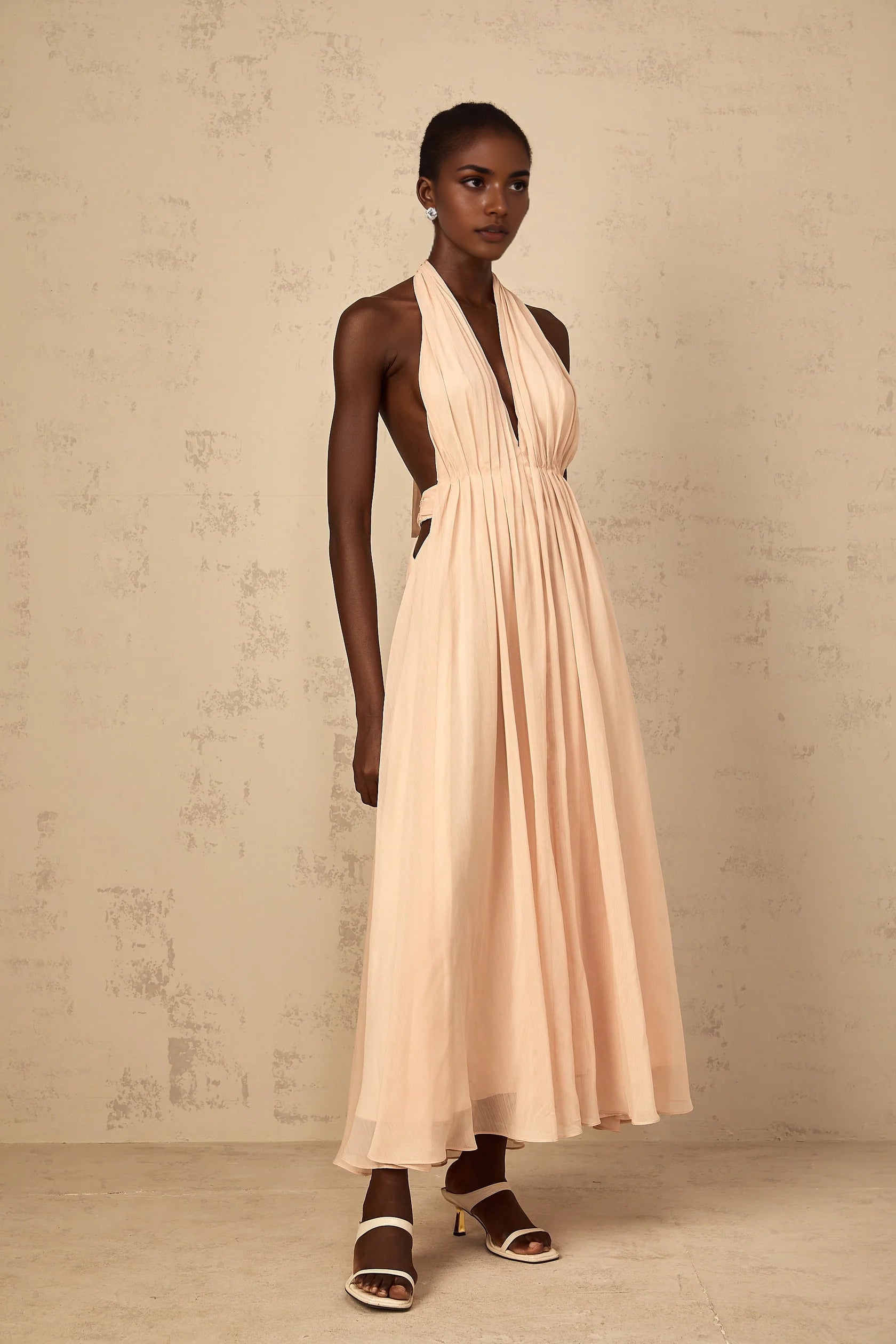 Blush Halter Neck Maxi Dress with Open Back Dulcie Halterneck Shirred Tulle Maxi Dress Evening Dress