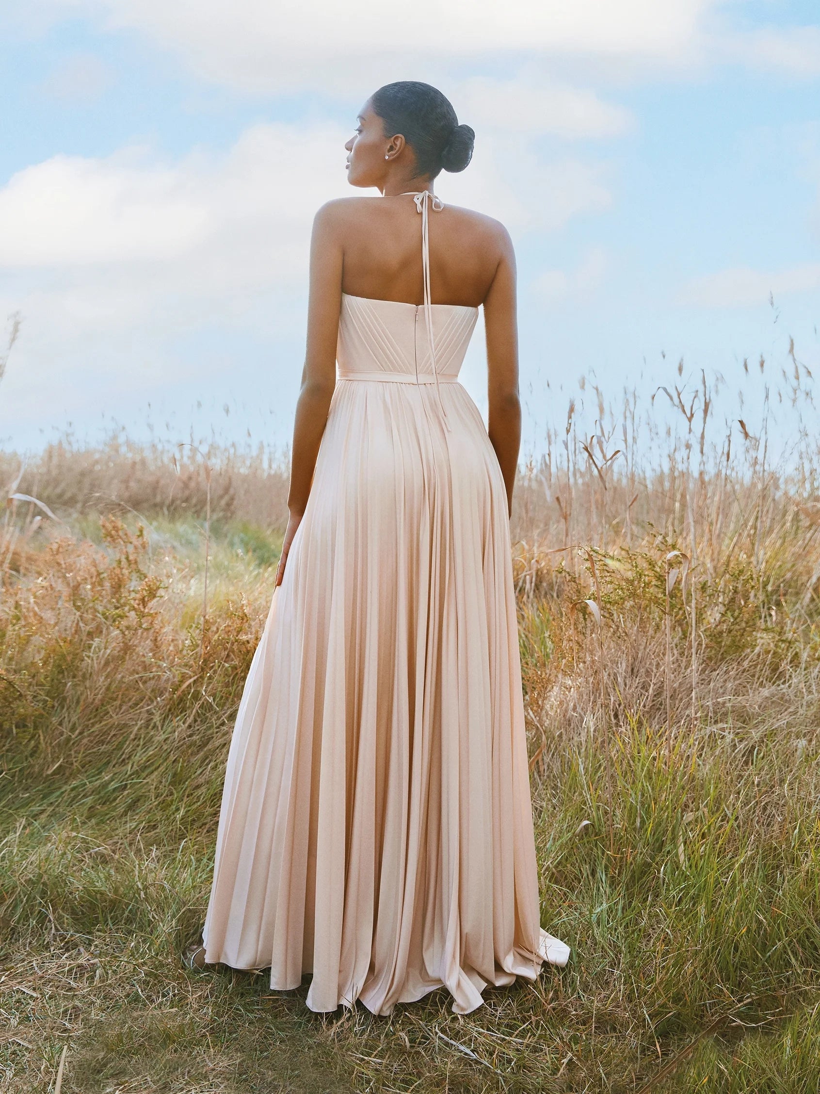 Blush Halter Neck Pleated Maxi Dress Party dress with delicate straps Bridesmaid Dresses