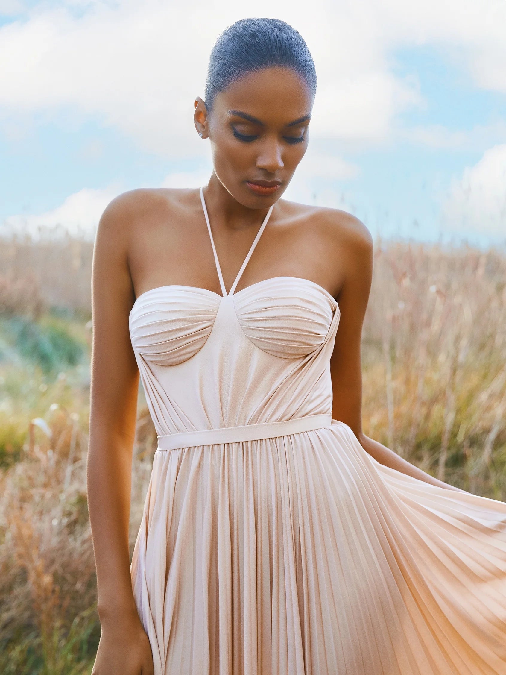 Blush Halter Neck Pleated Maxi Dress Party dress with delicate straps Bridesmaid Dresses