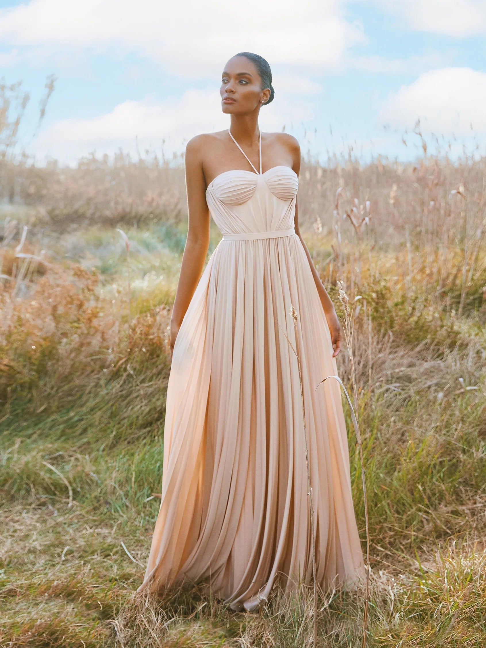 Blush Halter Neck Pleated Maxi Dress Party dress with delicate straps Bridesmaid Dresses