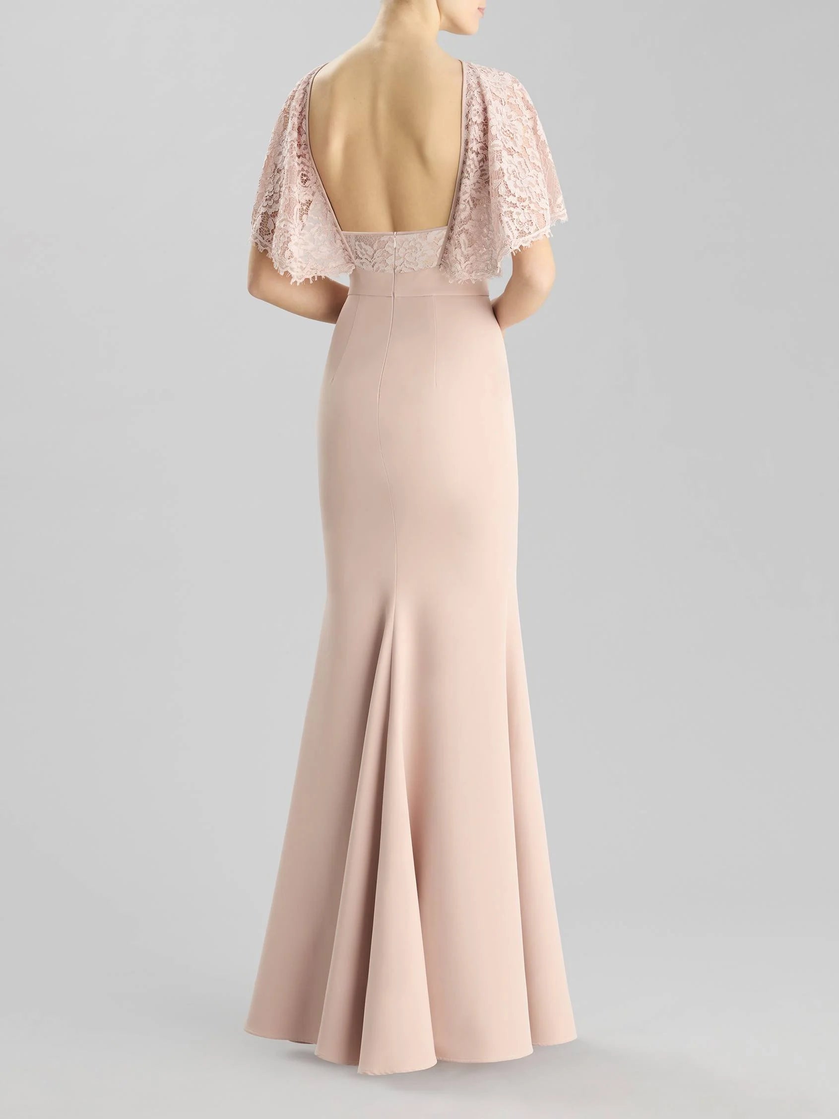 Blush Lace Cape Back Maxi Dress Mermaid party dress in crepe Bridesmaid Dresses