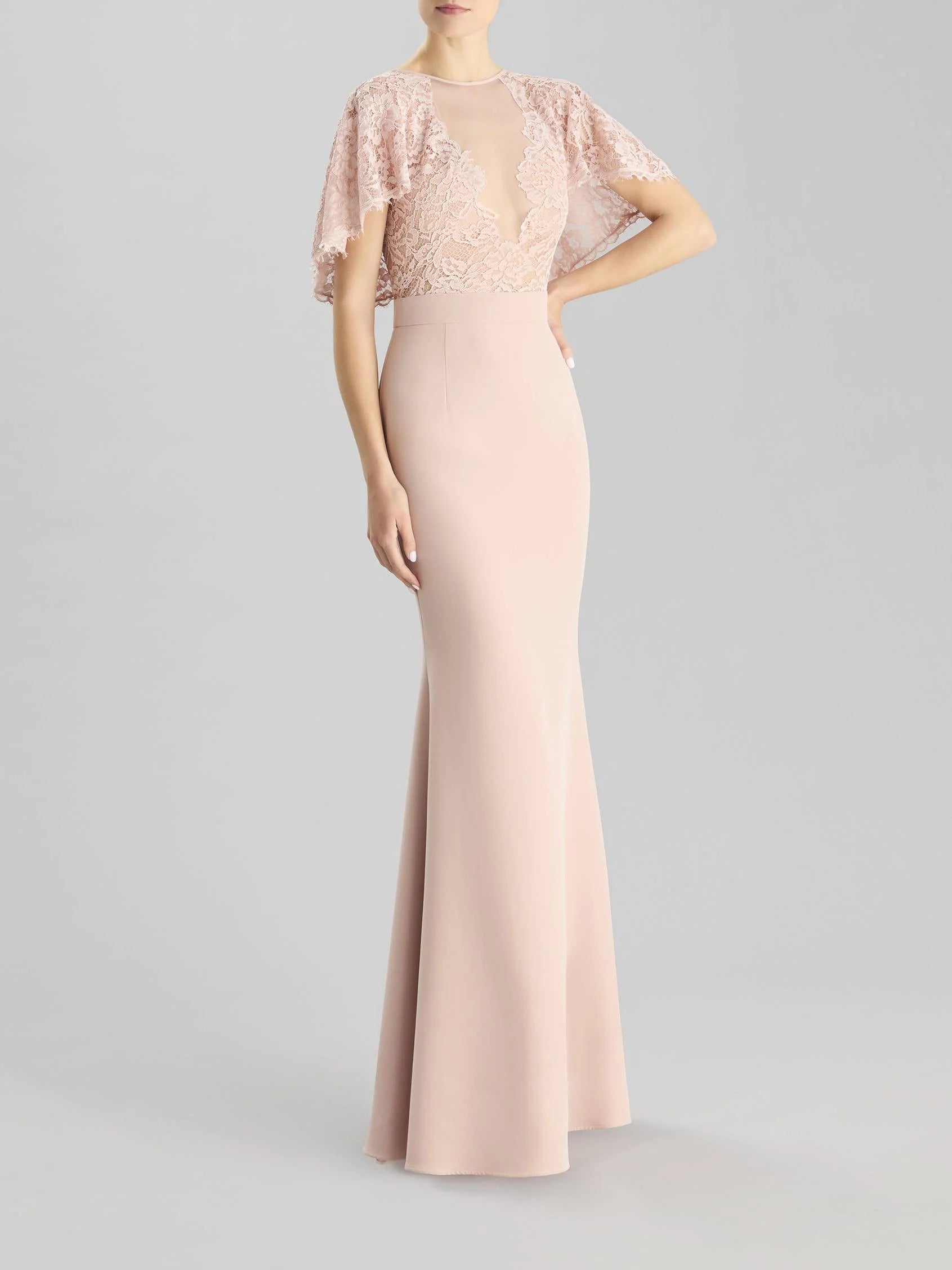 Blush Lace Cape Back Maxi Dress Mermaid party dress in crepe Bridesmaid Dresses