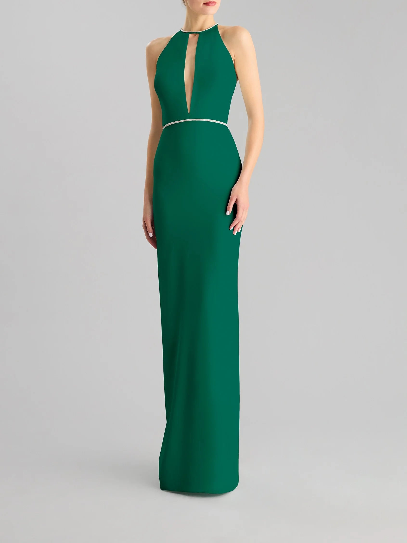 Emerald Green Halter Neck Maxi Dress with Crystal Belt Sheath party dress in crepe Bridesmaid Dresses