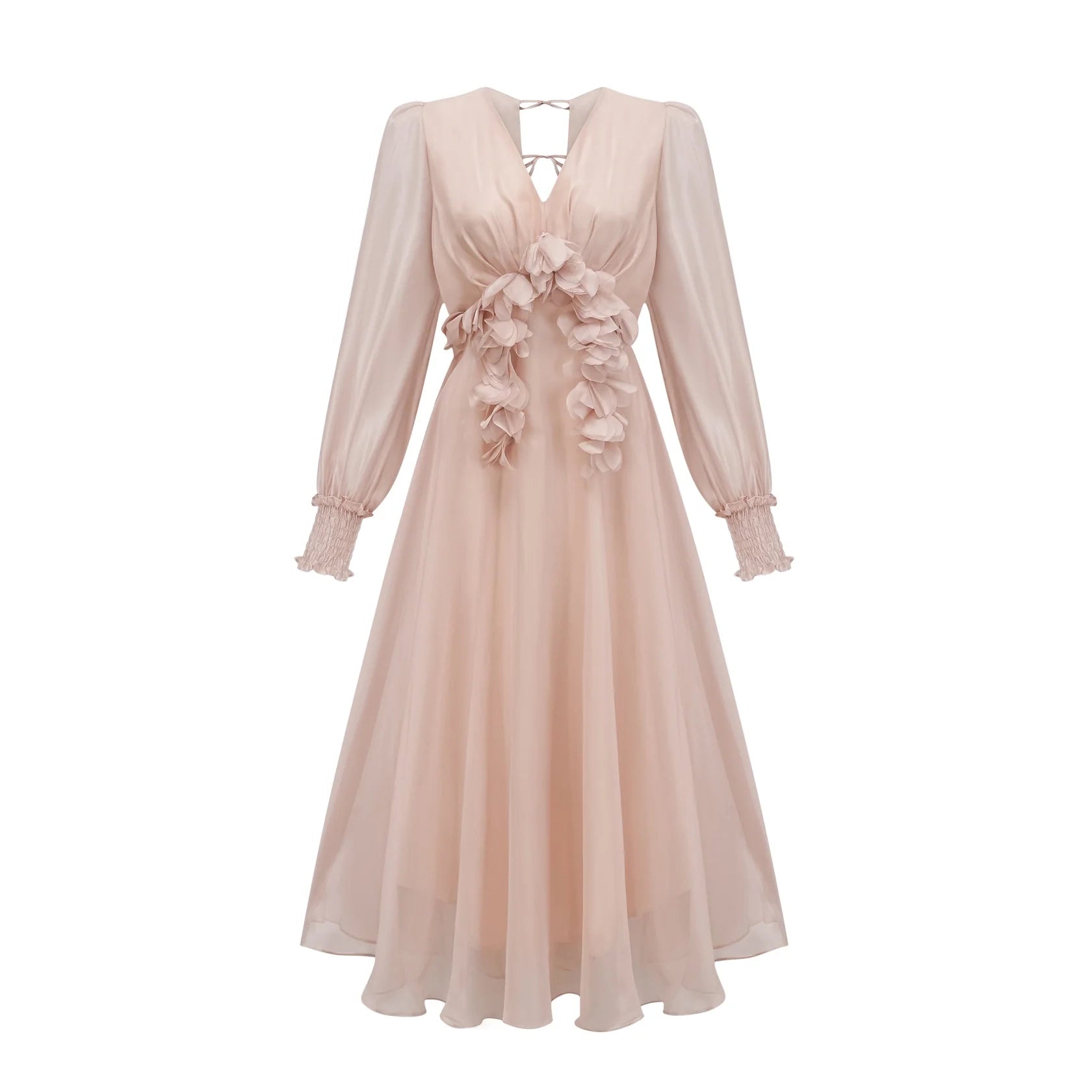 Blush Pink Floral Appliqué Midi Dress with Puff Sleeves Lucie faux-floral embellished midi dress Evening Dress