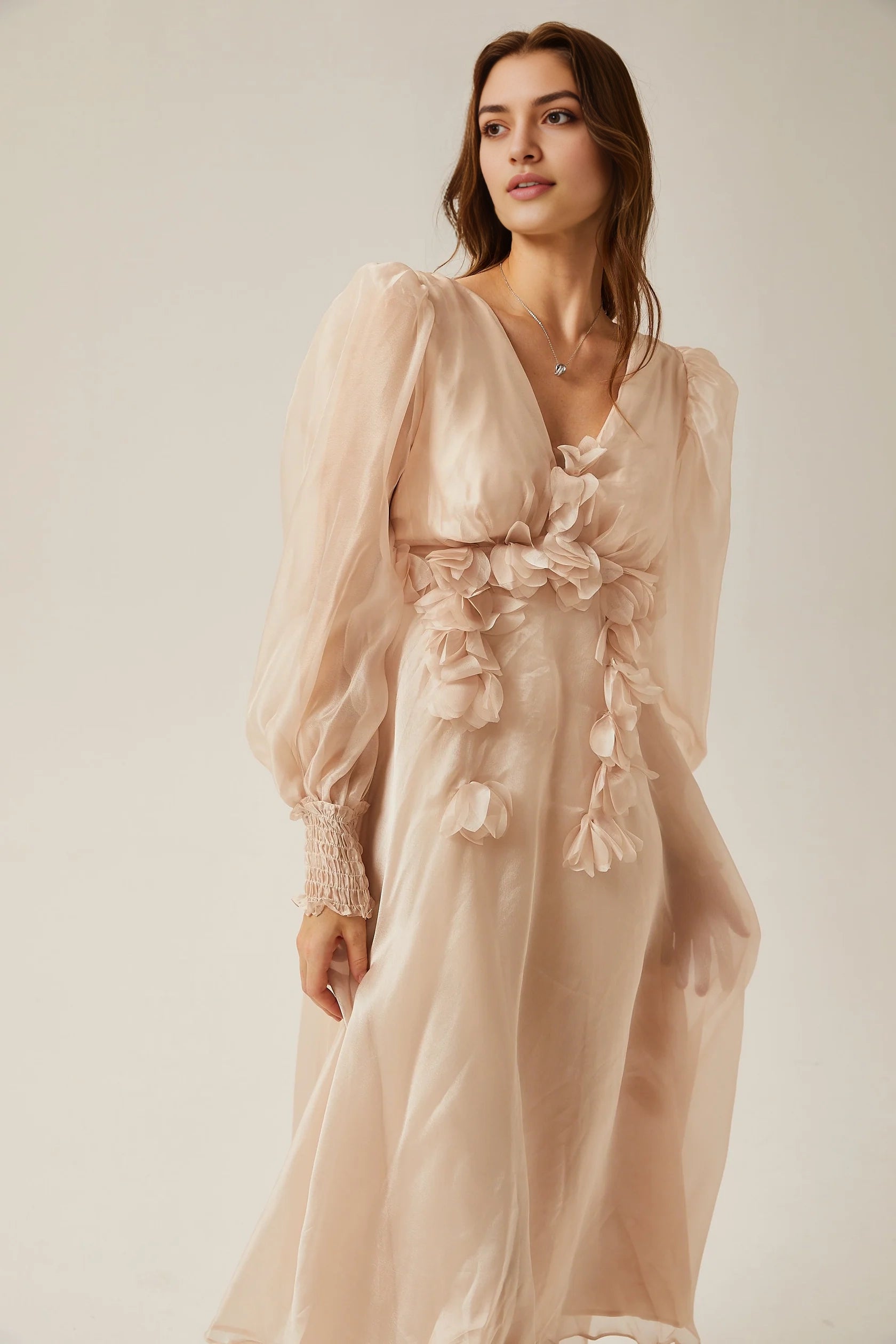 Blush Pink Floral Appliqué Midi Dress with Puff Sleeves Lucie faux-floral embellished midi dress Evening Dress