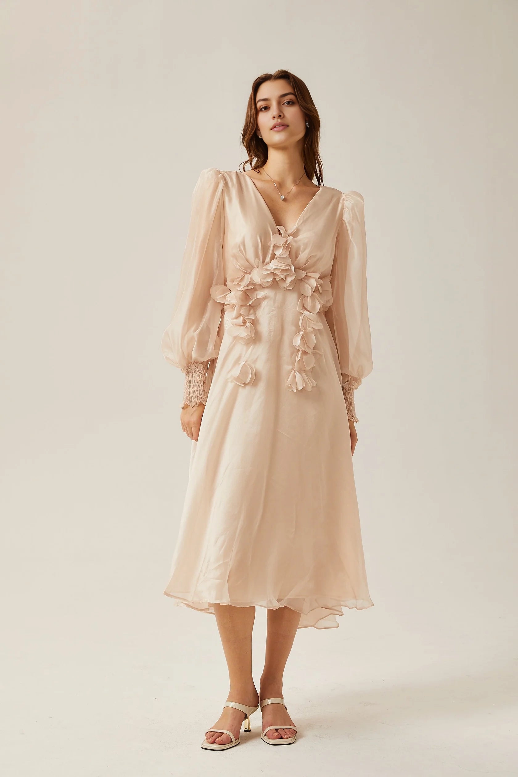 Blush Pink Floral Appliqué Midi Dress with Puff Sleeves Lucie faux-floral embellished midi dress Evening Dress