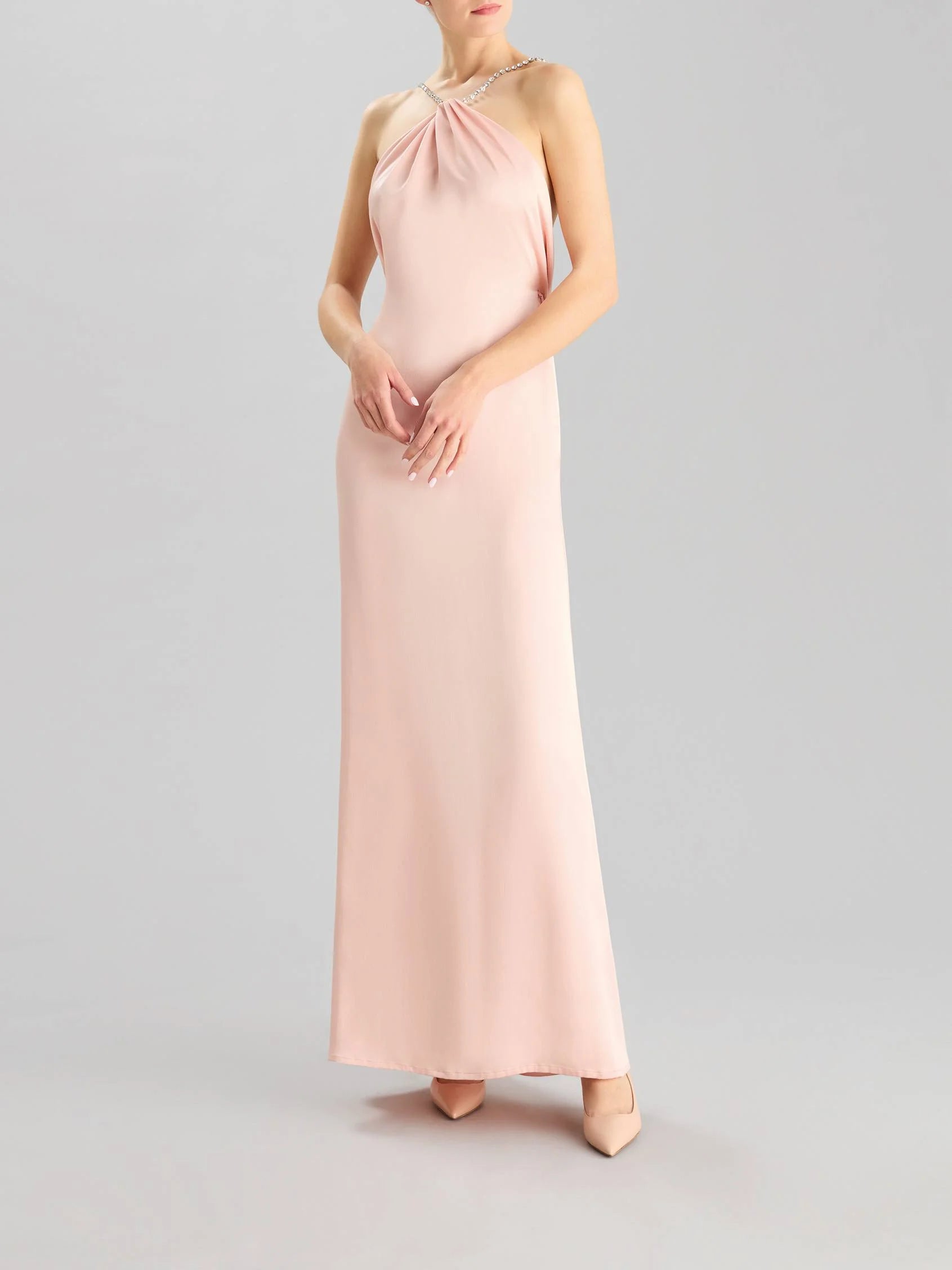 Blush Pink Halter Neck Maxi Dress with Crystal Straps  Halter-neck sheath party dress Bridesmaid Dresses