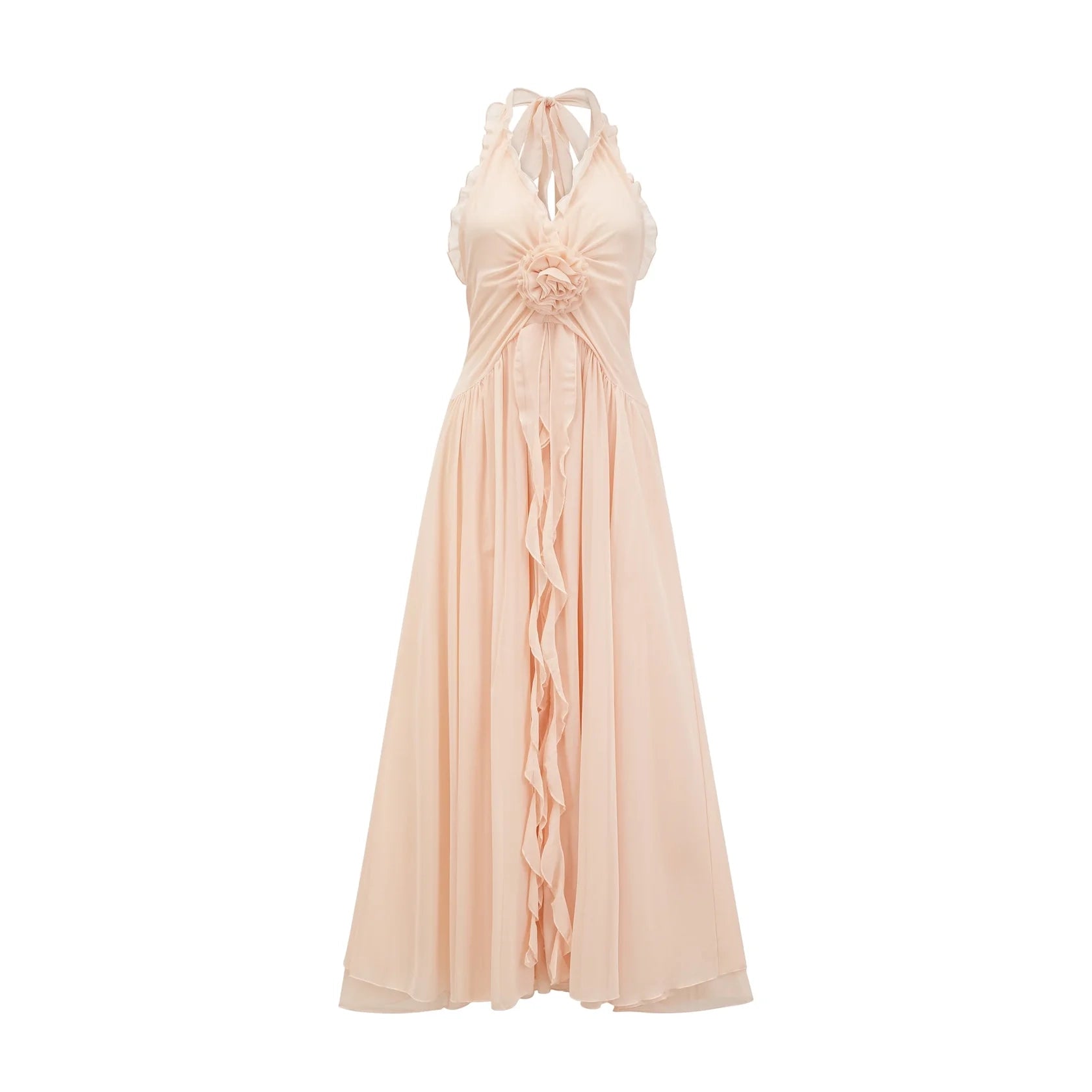 Blush Pink Halter Neck Maxi Dress with Floral Accent and Open Back ruffled faux-flower maxi dress Evening Dress