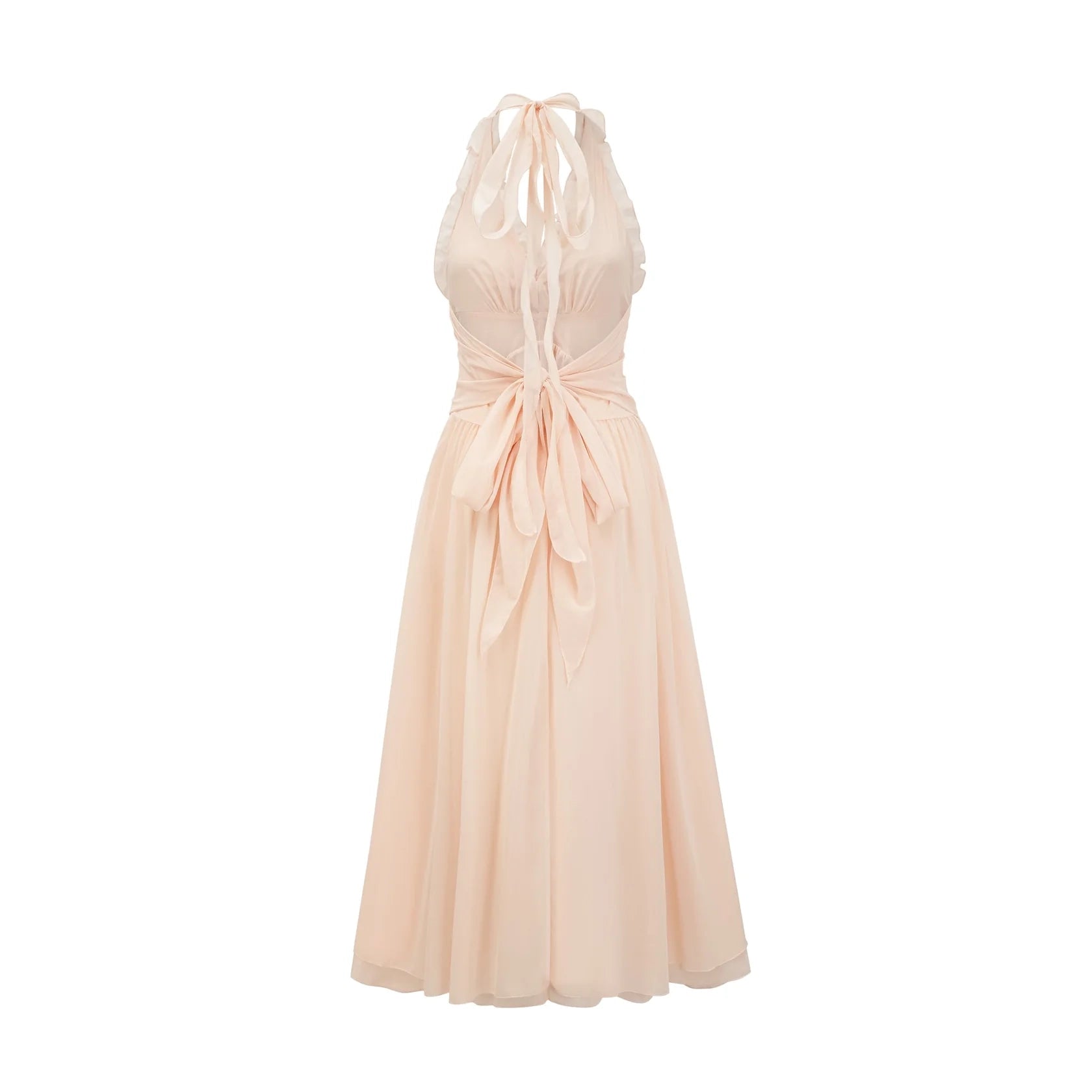 Blush Pink Halter Neck Maxi Dress with Floral Accent and Open Back ruffled faux-flower maxi dress Evening Dress