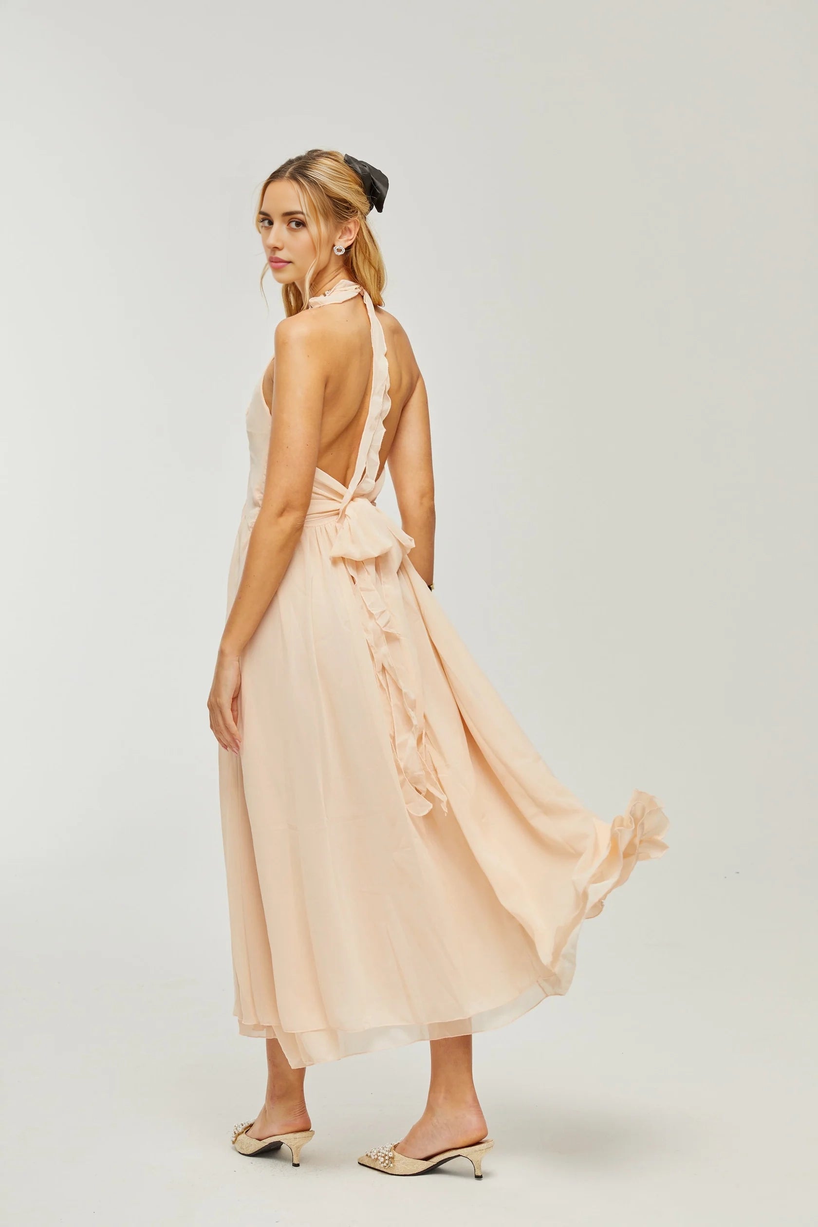 Blush Pink Halter Neck Maxi Dress with Floral Accent and Open Back ruffled faux-flower maxi dress Evening Dress