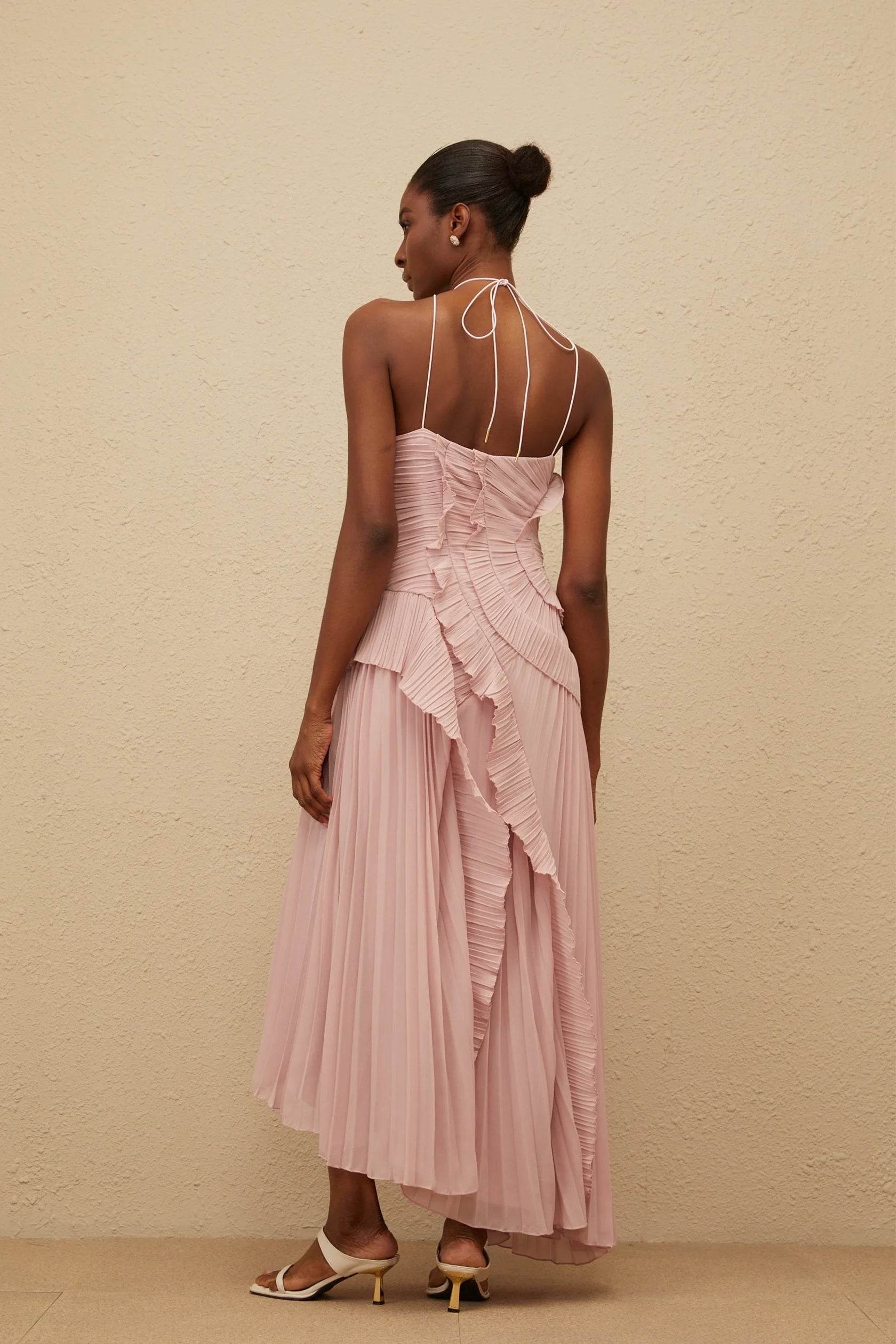 Blush Pink Halter Neck Pleated Midi Dress with Ruffles Pink Ruffled Trim Pleated Midi Dress Evening Dress