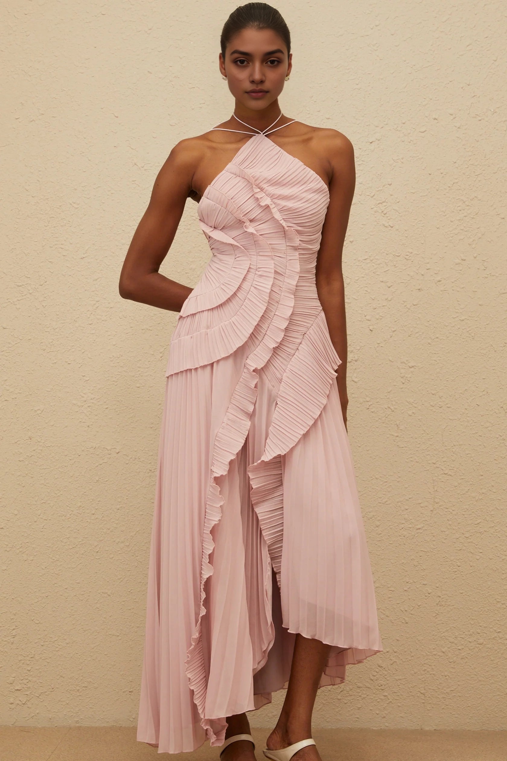 Blush Pink Halter Neck Pleated Midi Dress with Ruffles Pink Ruffled Trim Pleated Midi Dress Evening Dress