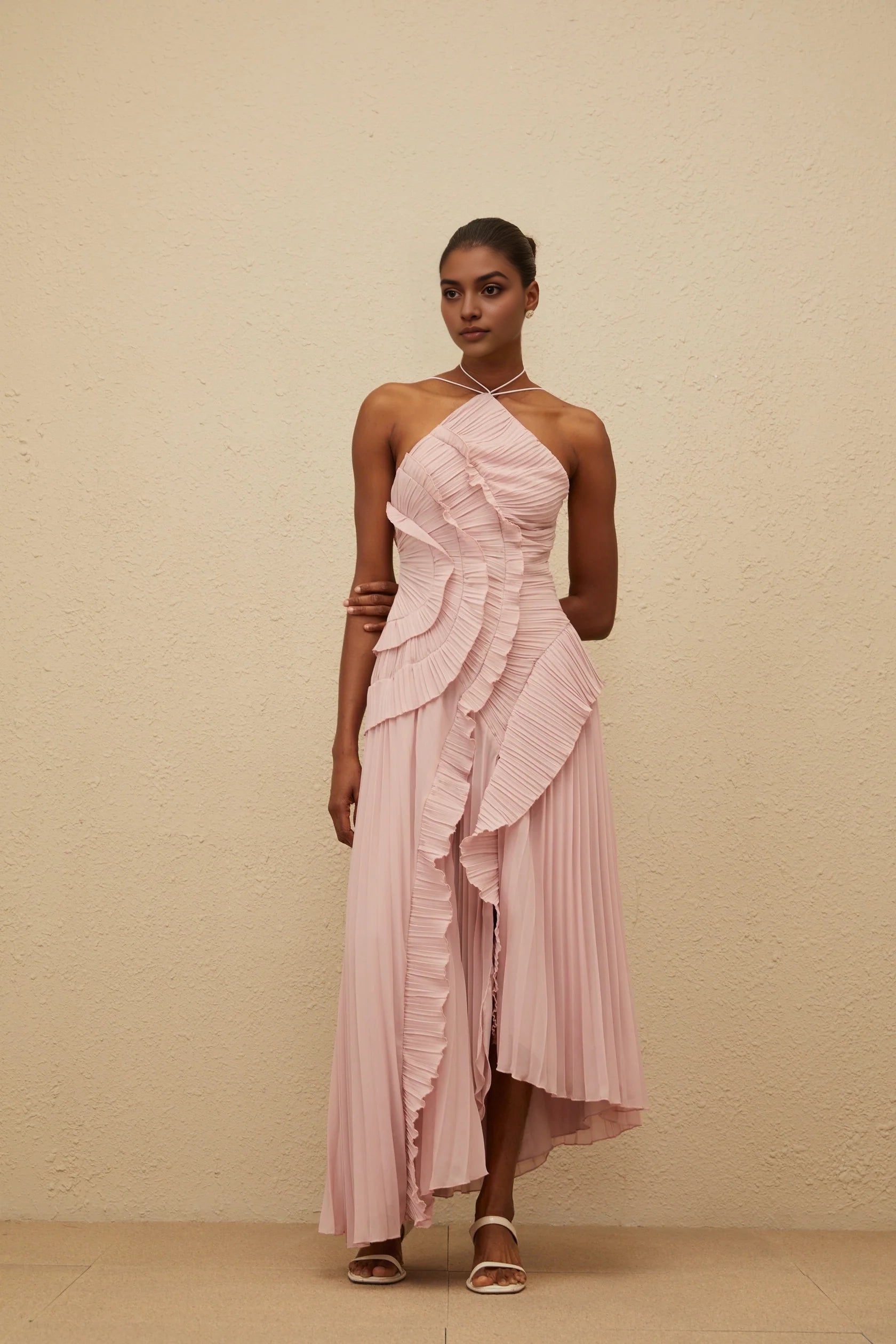 Blush Pink Halter Neck Pleated Midi Dress with Ruffles Pink Ruffled Trim Pleated Midi Dress Evening Dress