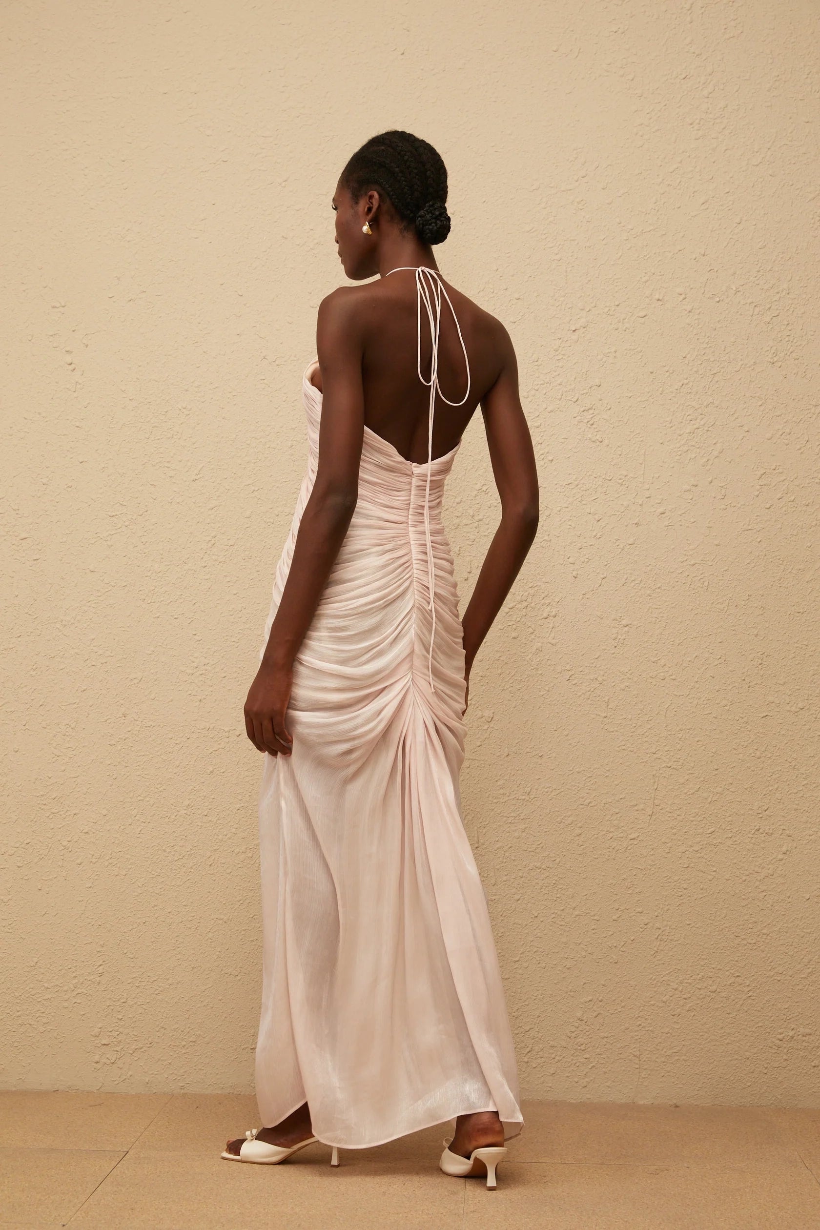 Blush Pink Halter Neck Ruched Maxi Dress Pink Halterneck Ruched Maxi Dress Evening Dress