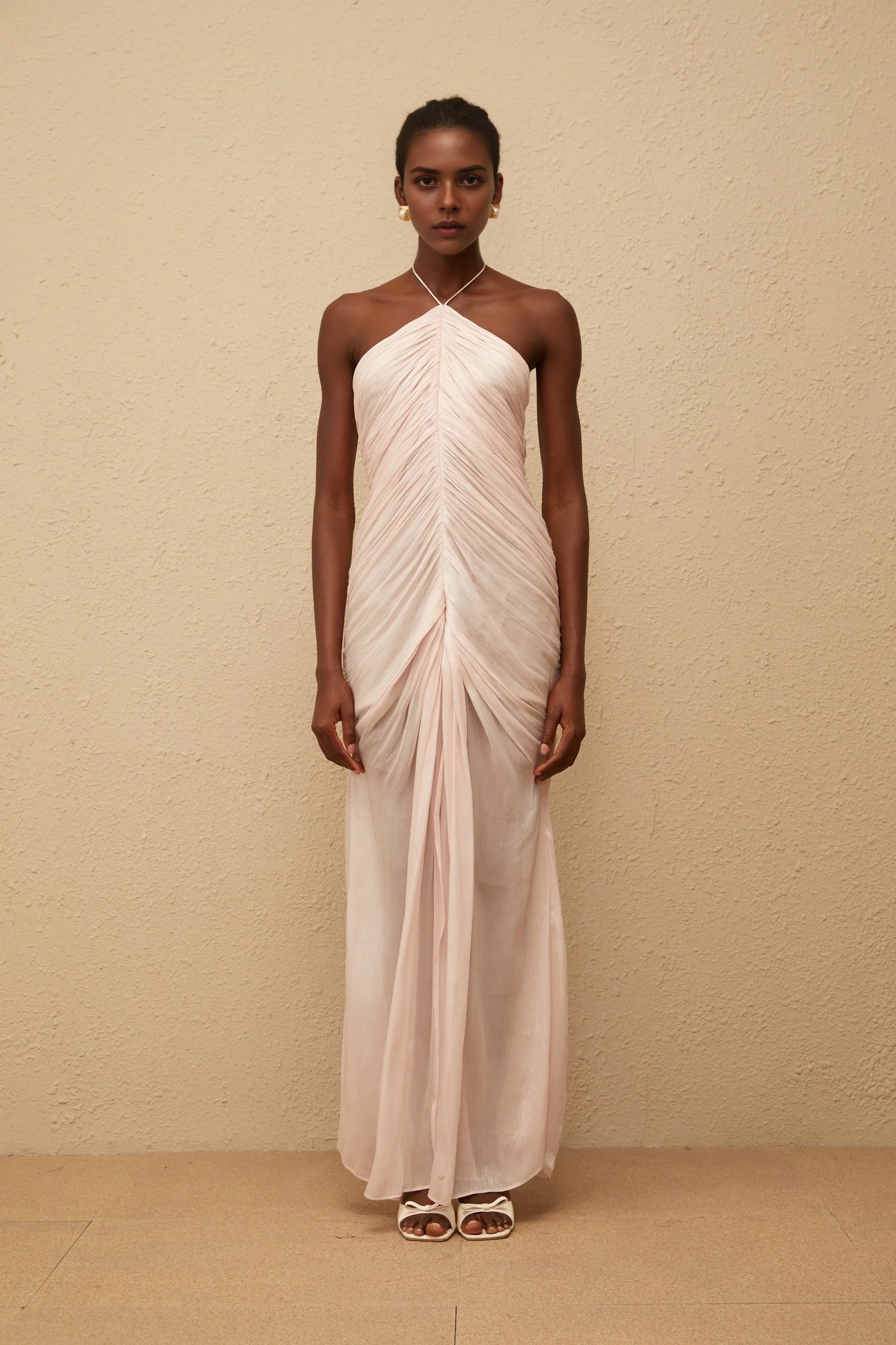 Blush Pink Halter Neck Ruched Maxi Dress Pink Halterneck Ruched Maxi Dress Evening Dress