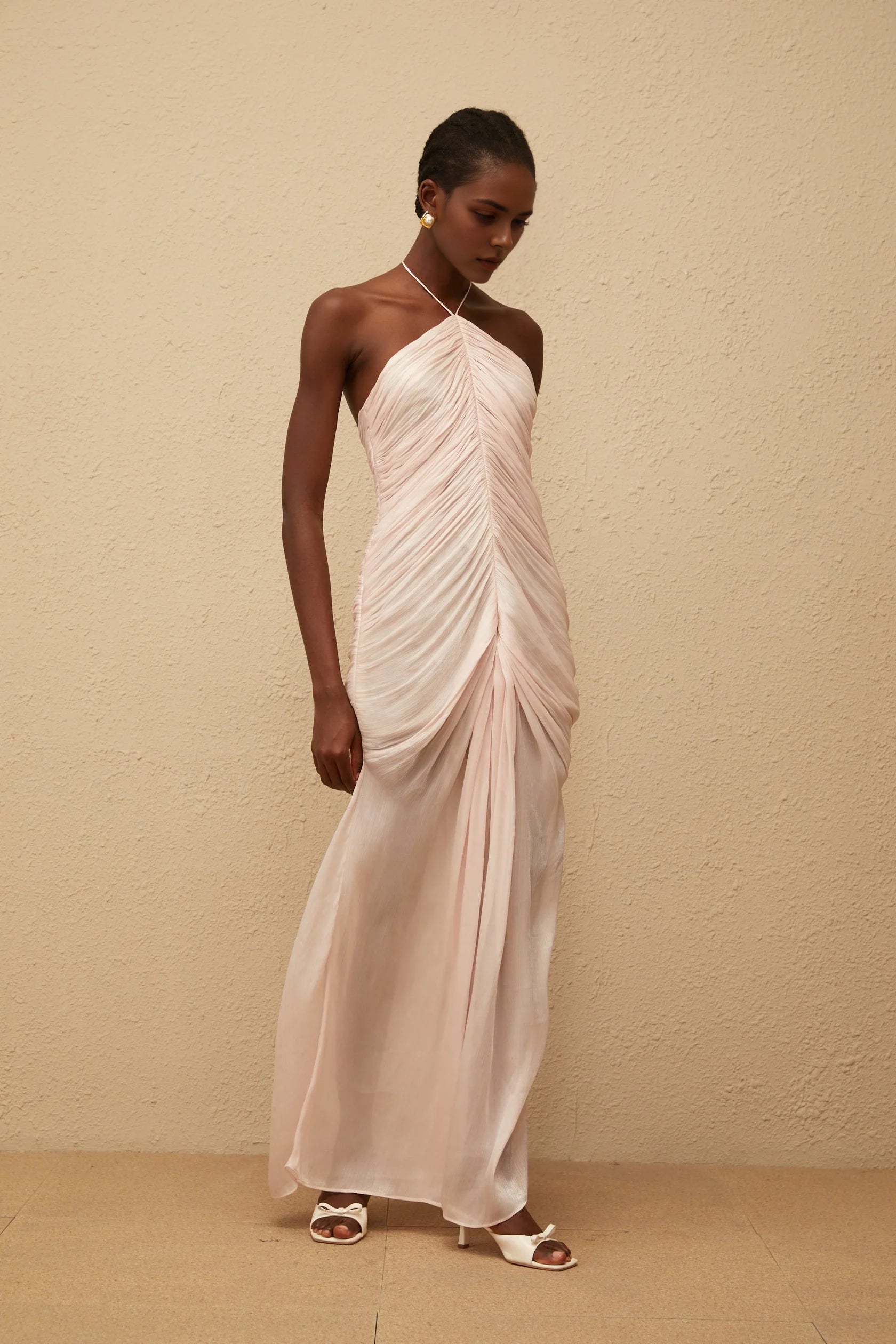 Blush Pink Halter Neck Ruched Maxi Dress Pink Halterneck Ruched Maxi Dress Evening Dress